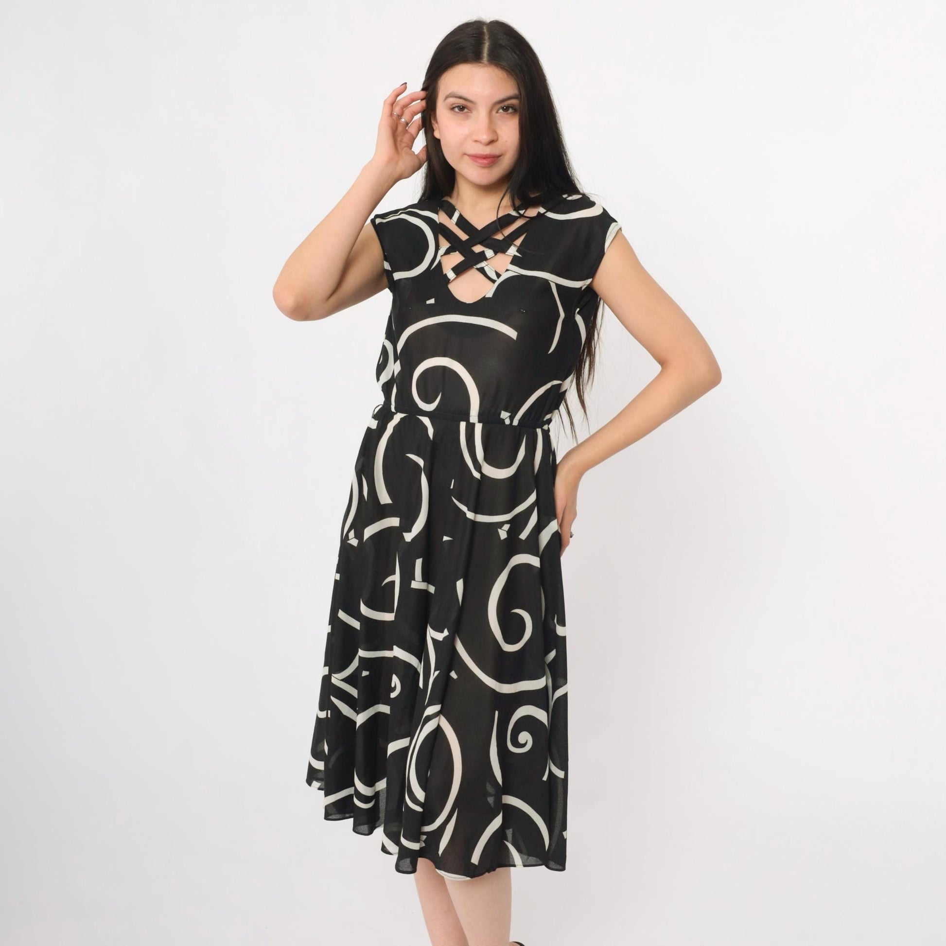 80s Black White Abstract Swirl Print Midi Dress Criss-Cross Neckline Cap Sleeve Small