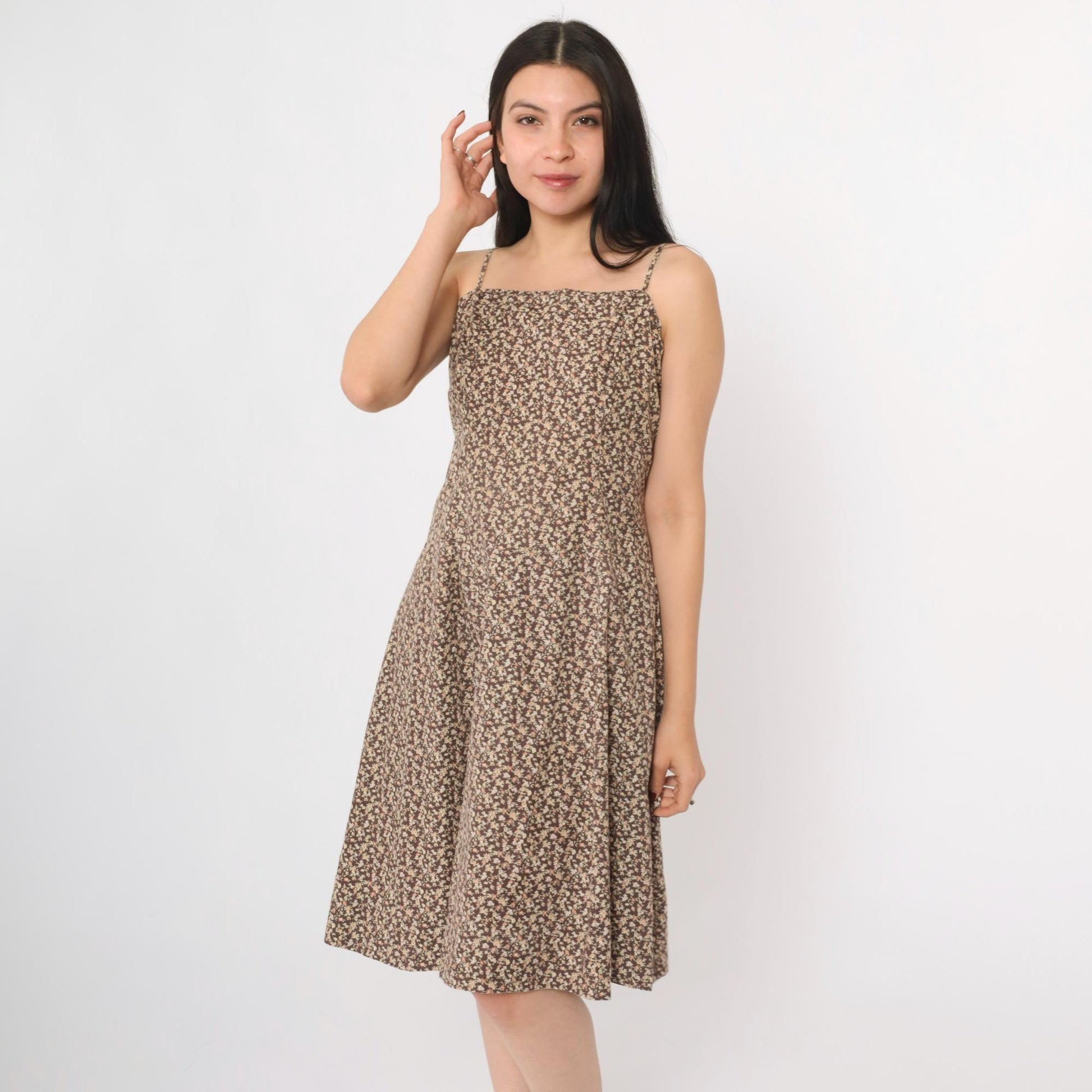 90s Brown Calico Floral A-Line Spaghetti Strap Dress Knee Length Medium