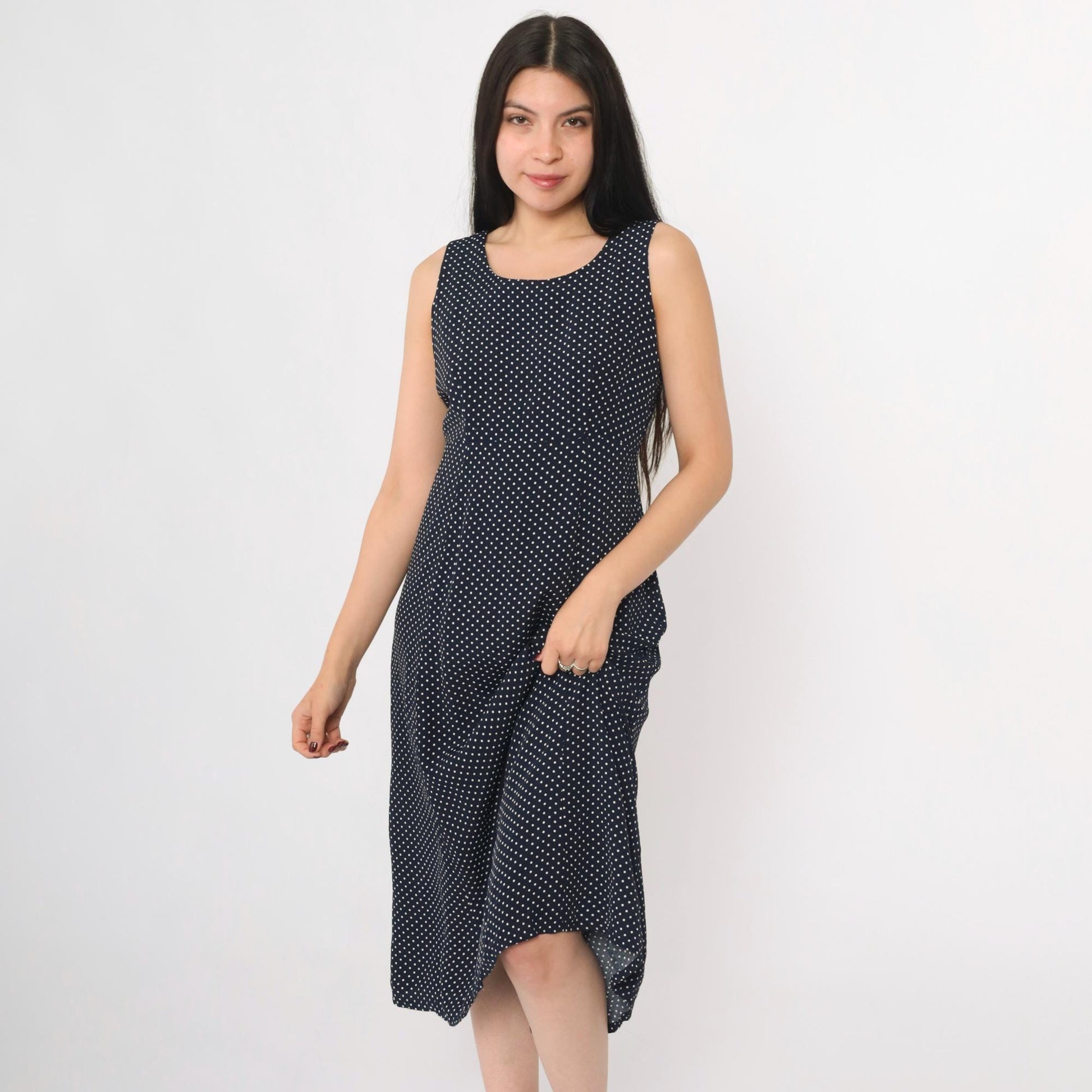 90s Navy Polka Dot Midi Dress Sleeveless High Waist Button Back Small
