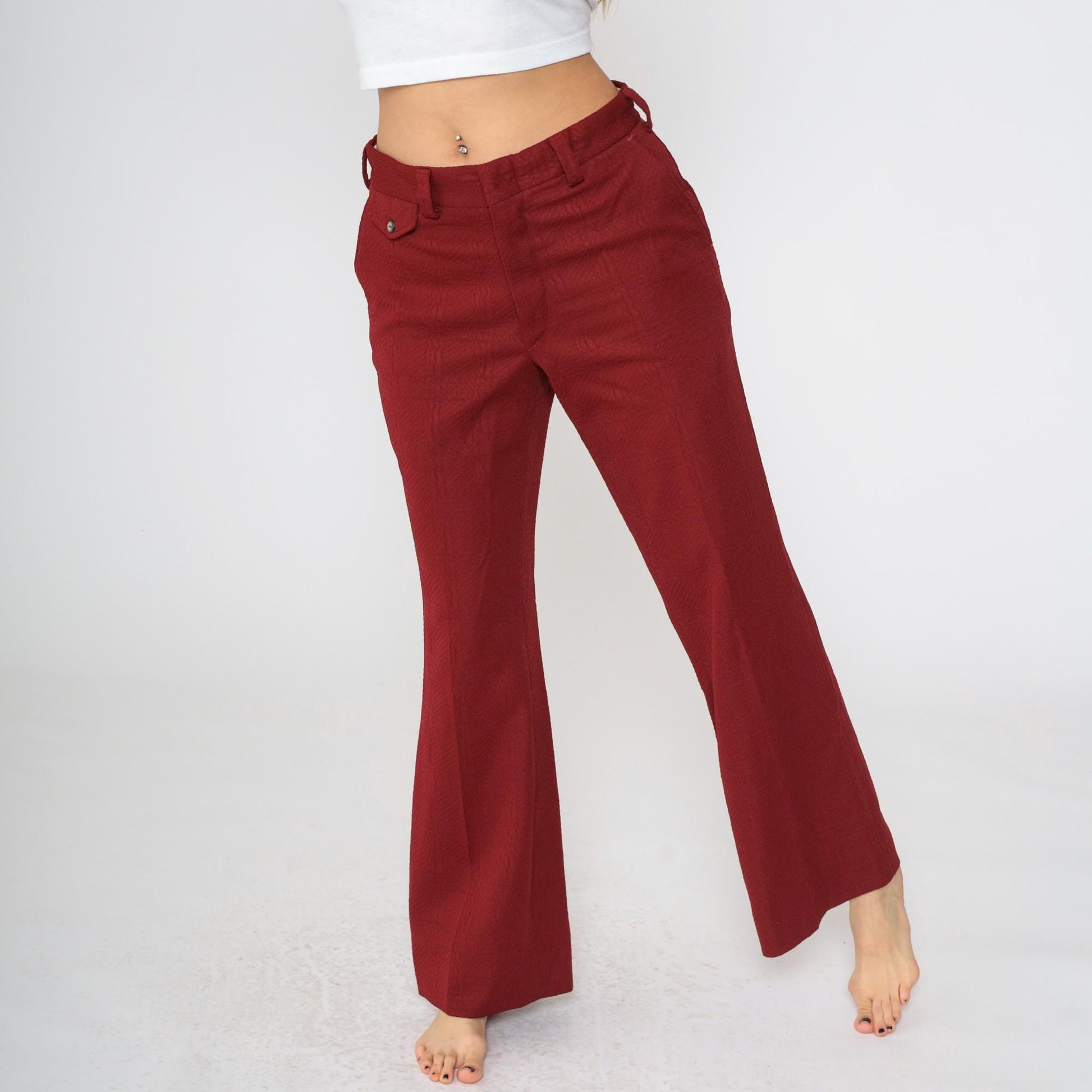 70s Burgundy Flared Trousers High Waist Textured Polyester Medium