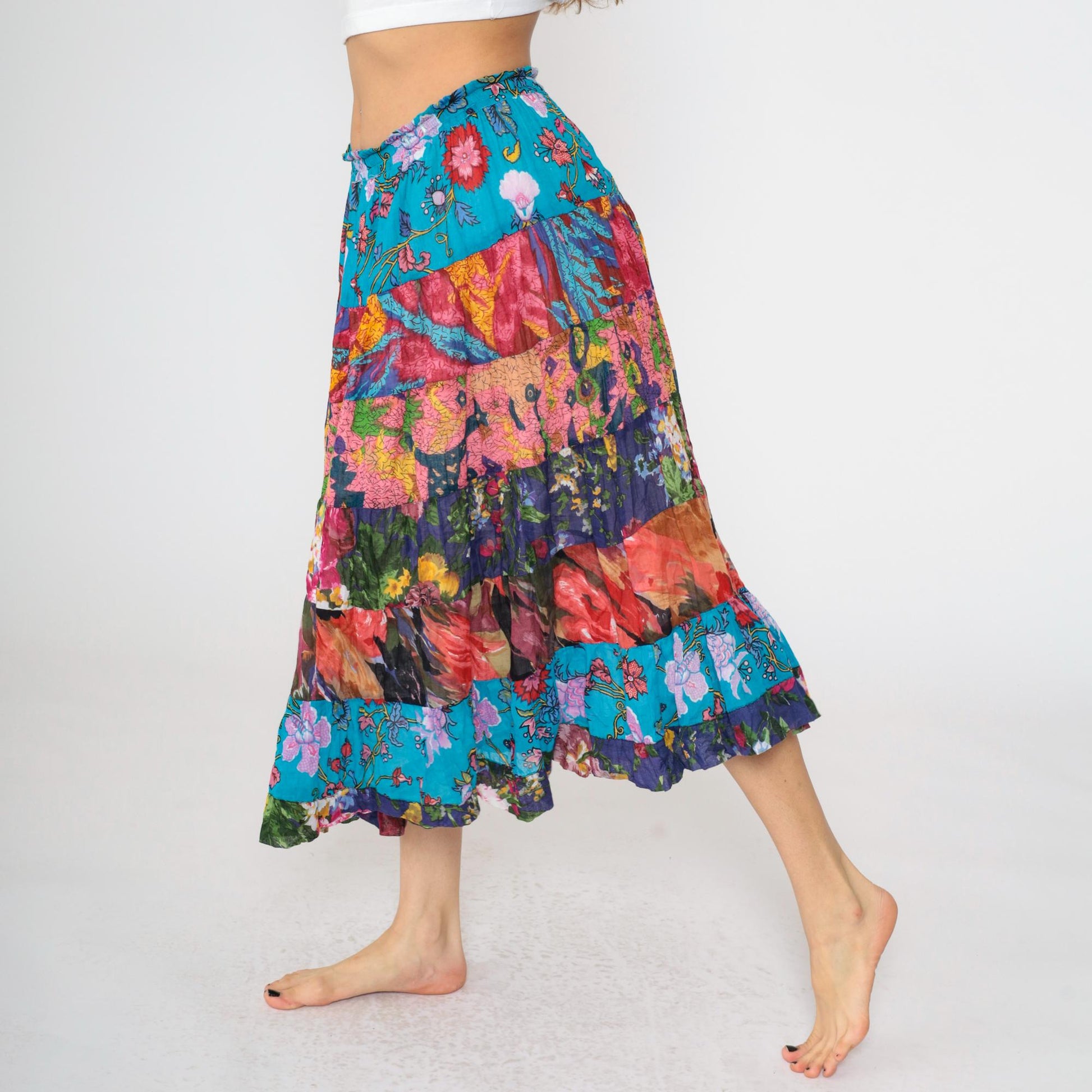 90s Broomstick Midi Skirt Blue Floral Patchwork Tiered Cotton Small