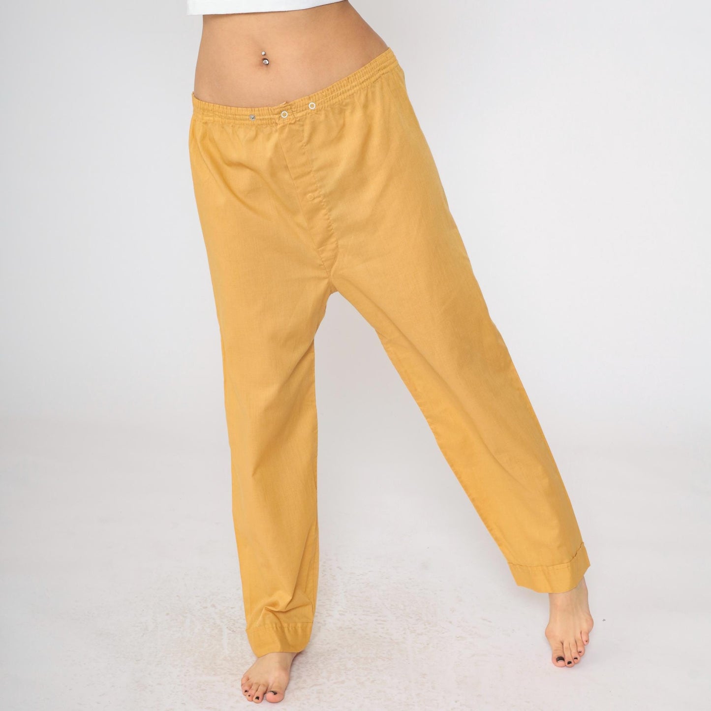 70s Mustard Yellow Pajama Pants Snap Waist Straight Leg Large L