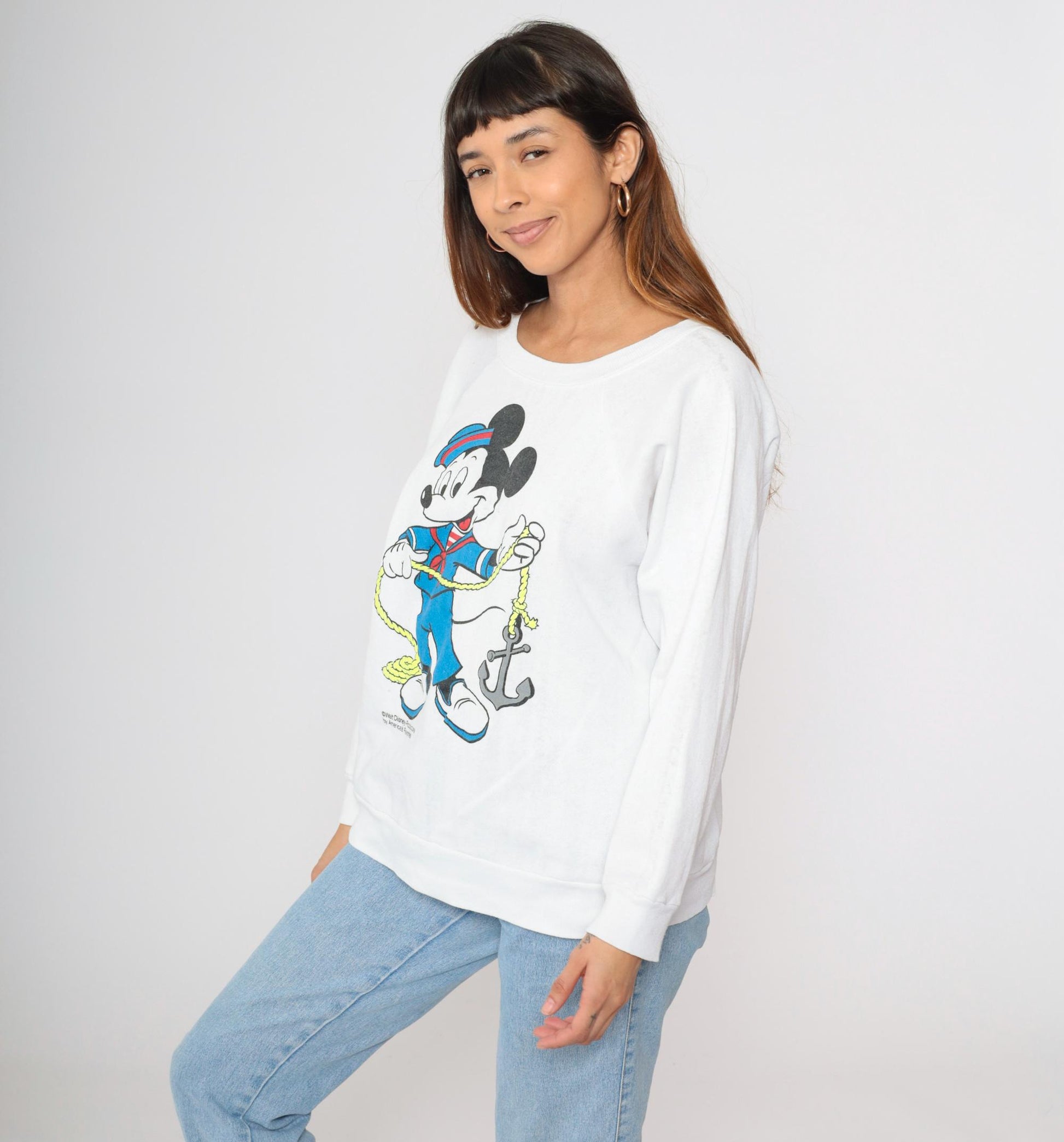 80s Mickey Mouse Sailor Graphic Sweatshirt White Raglan Crewneck Large