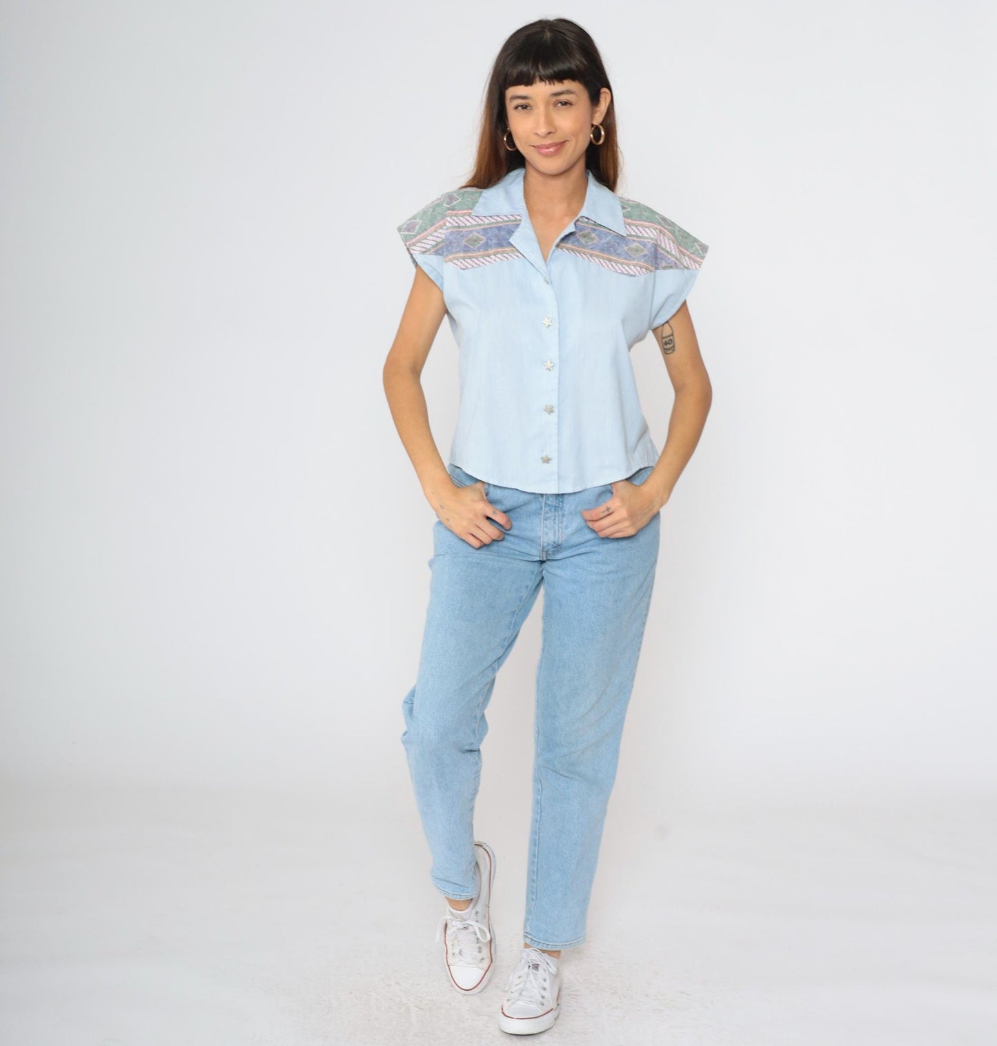 90s Southwestern Blue Striped Button-Up Blouse Star Print Cap Sleeve Medium