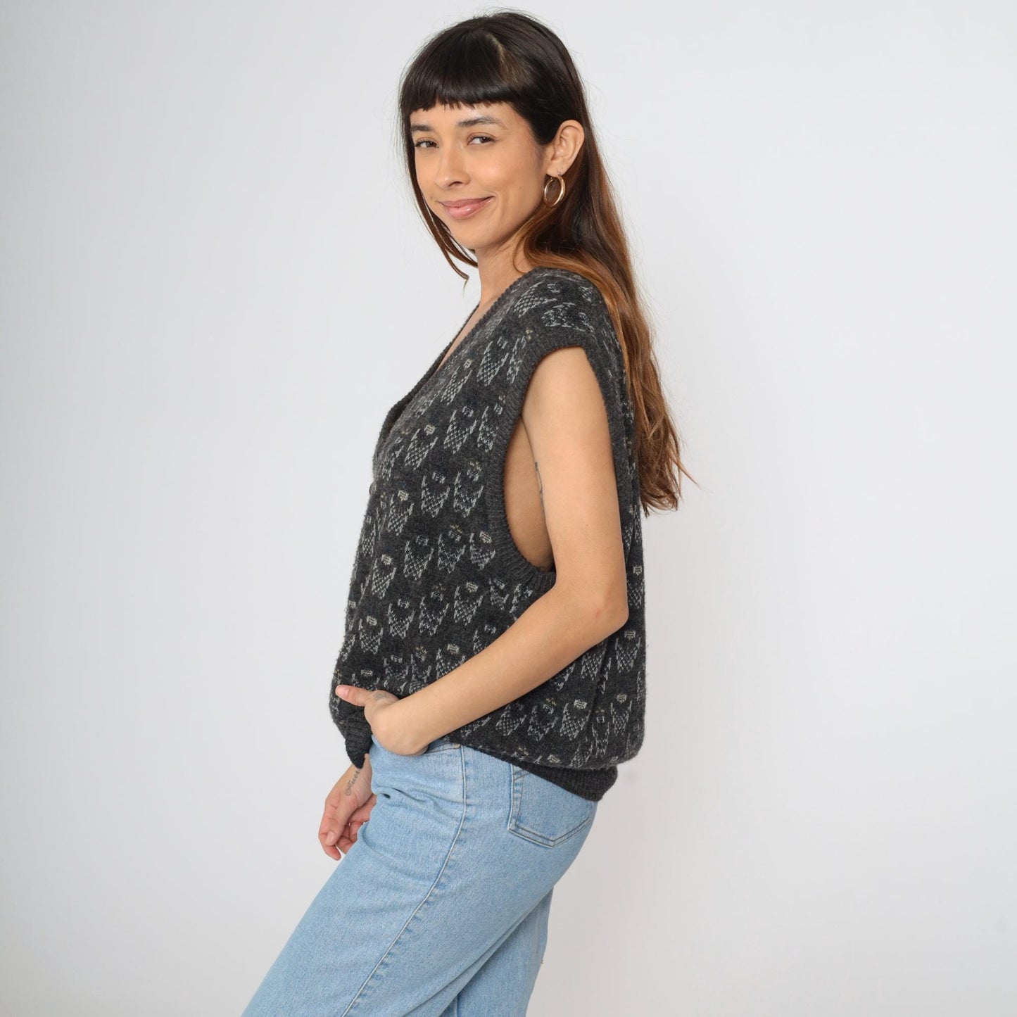 90s Paolo Conti Geometric Knit Vest Grey V-Neck Button Front Large