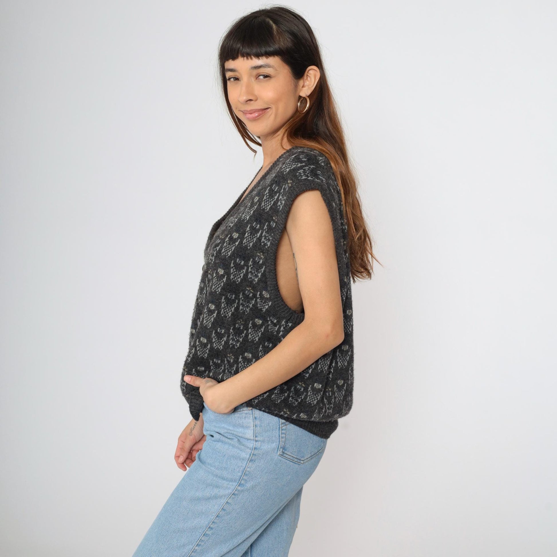 90s Paolo Conti Geometric Knit Vest Grey V-Neck Button Front Large