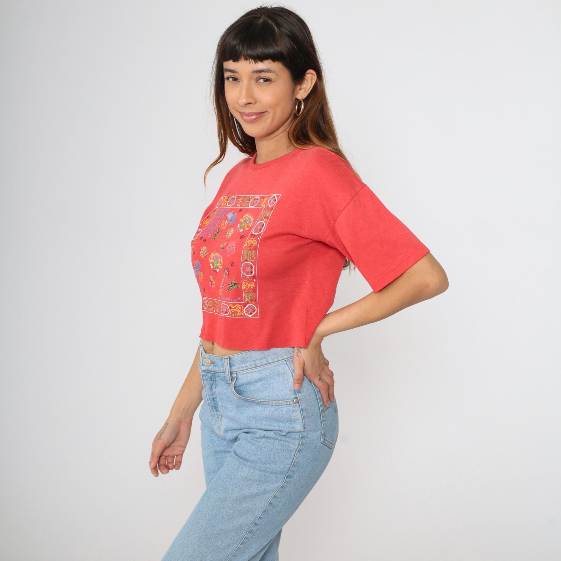 90s Mesoamerican Graphic Crop Tee Red Abstract Birds Masks Extra Small XS