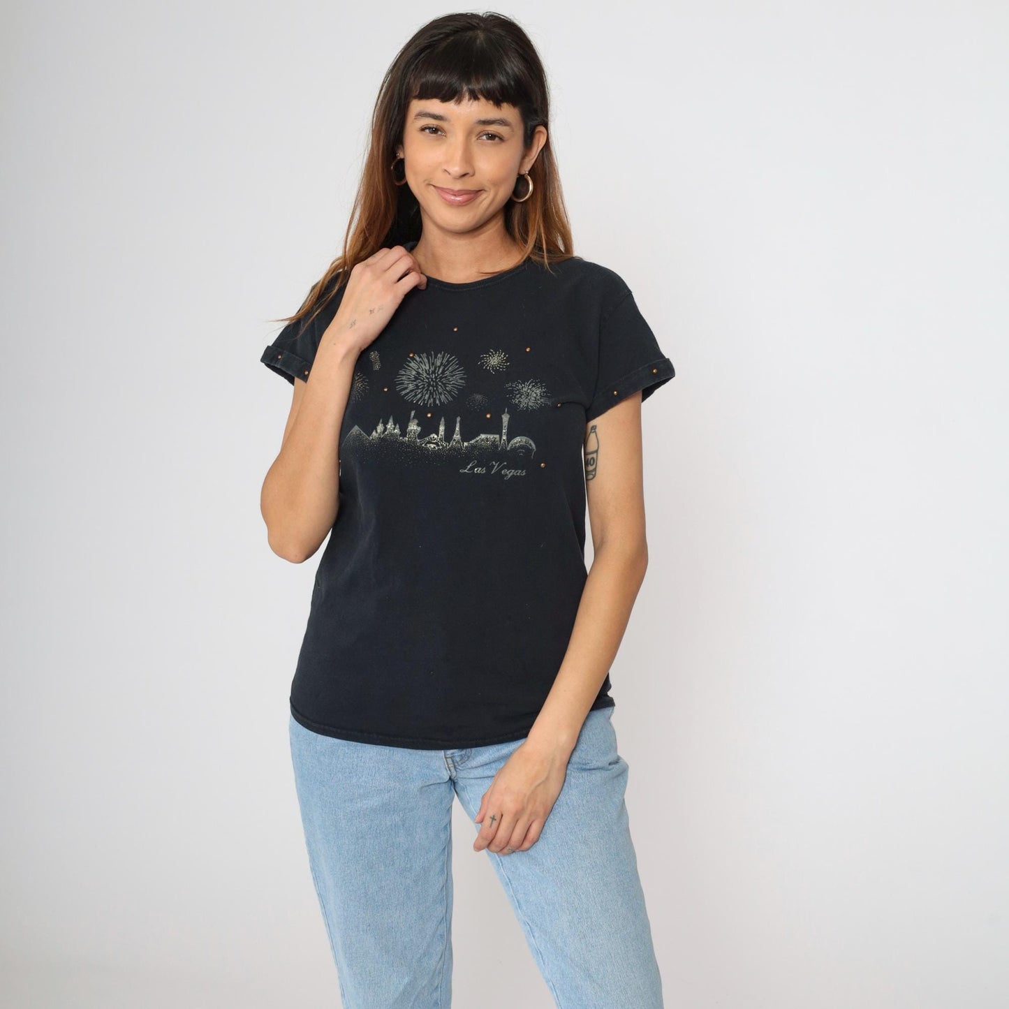 90s Las Vegas Fireworks Graphic T-Shirt Studded Metallic Black Small S