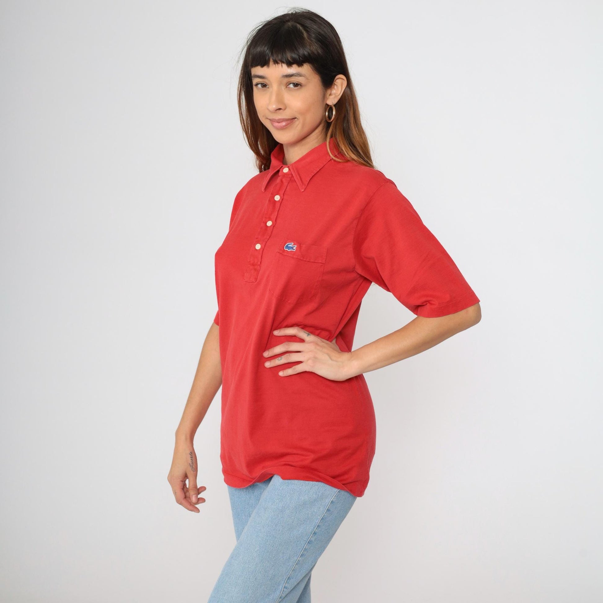 80s Lacoste Izod Polo Shirt Red Crocodile Logo Cotton Medium