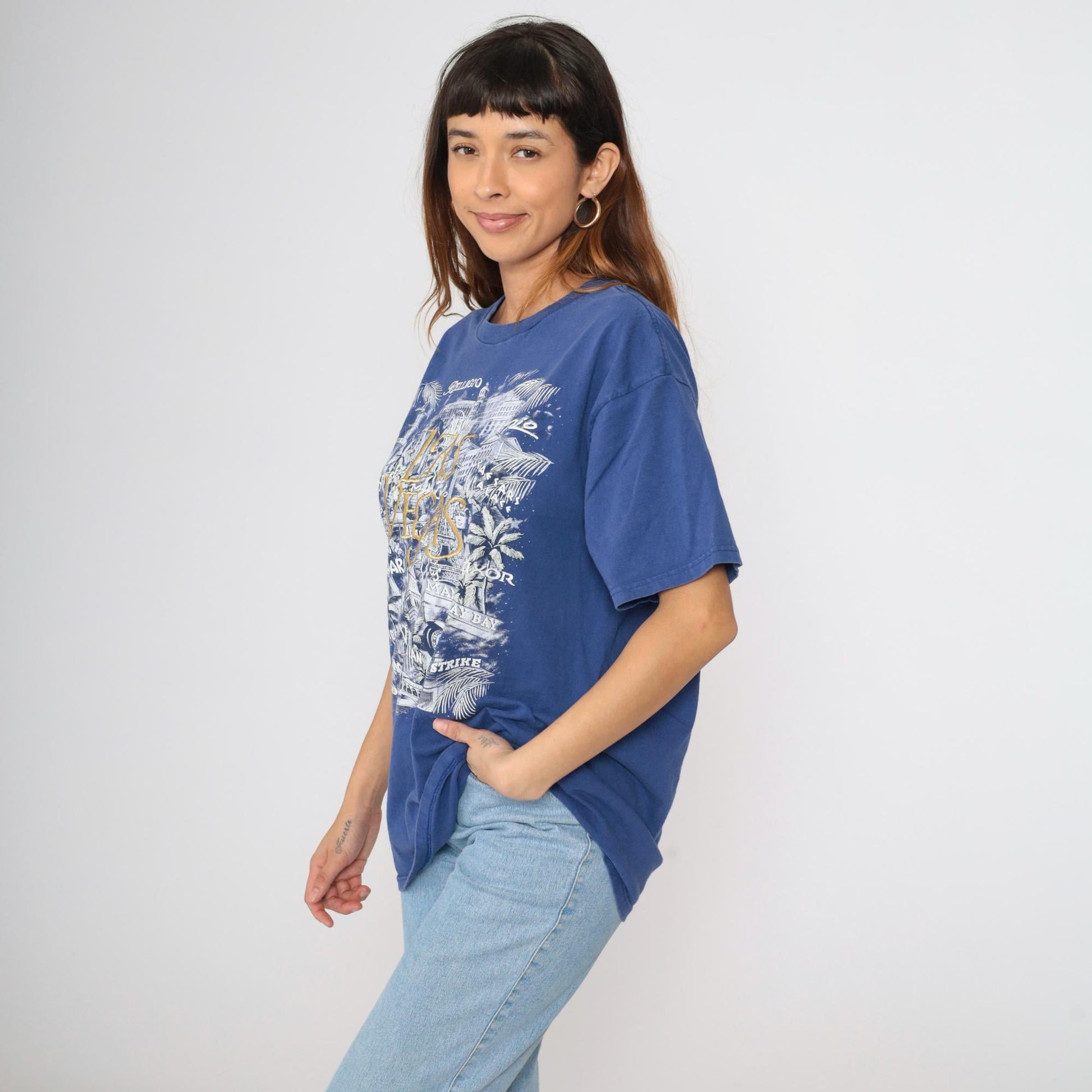 90s Las Vegas Strip Embroidered Graphic T-Shirt Blue Cotton Crewneck Extra Large XL
