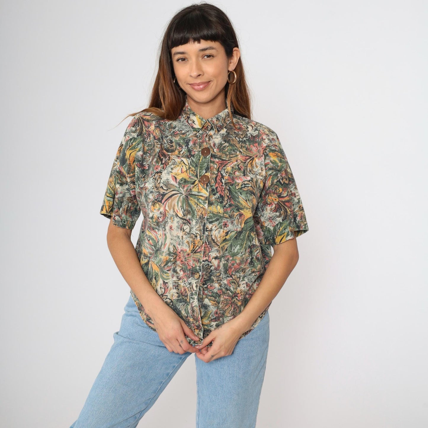 90s Tropical Jungle Print Button-Up Shirt Green Yellow Pink Cotton Large