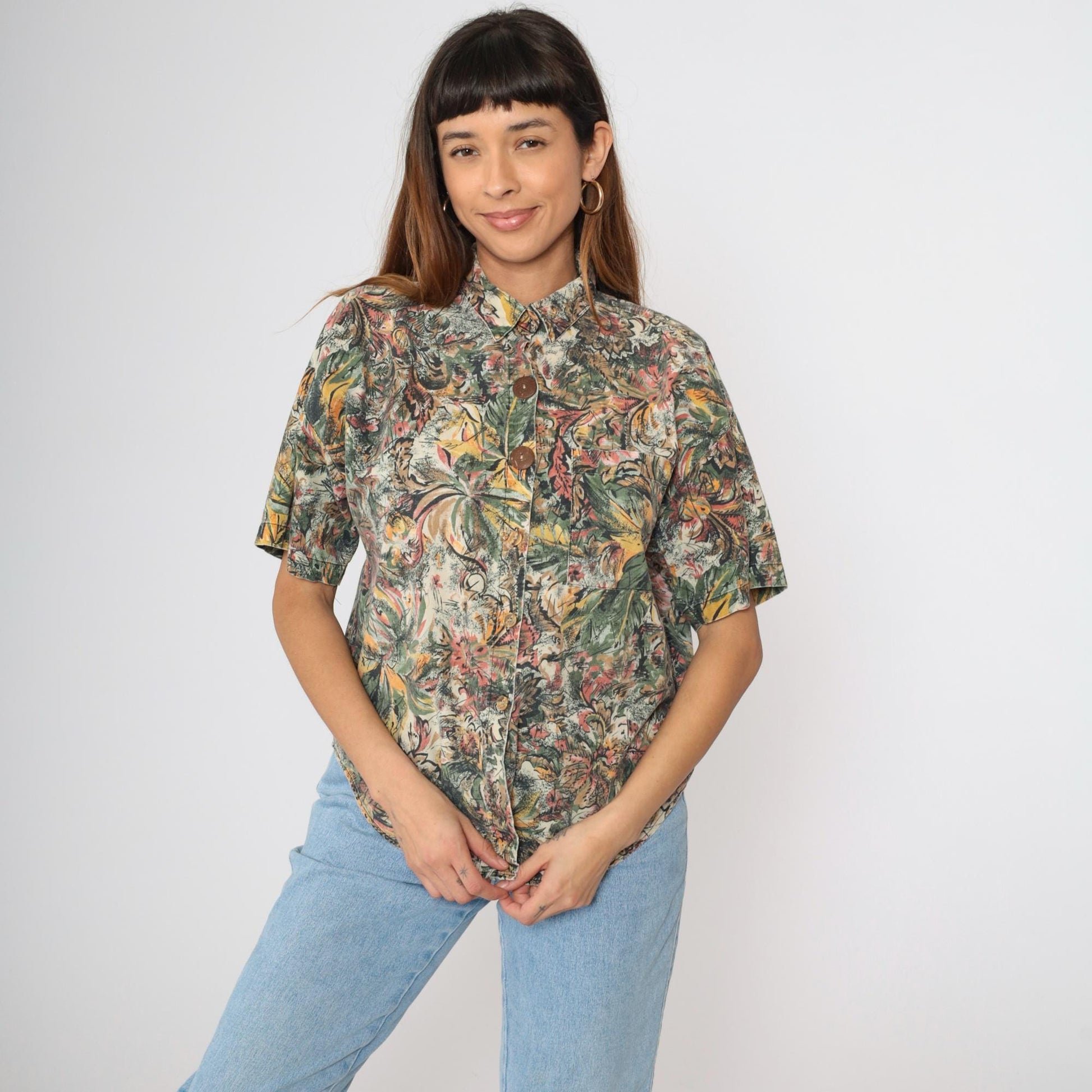90s Tropical Jungle Print Button-Up Shirt Green Yellow Pink Cotton Large