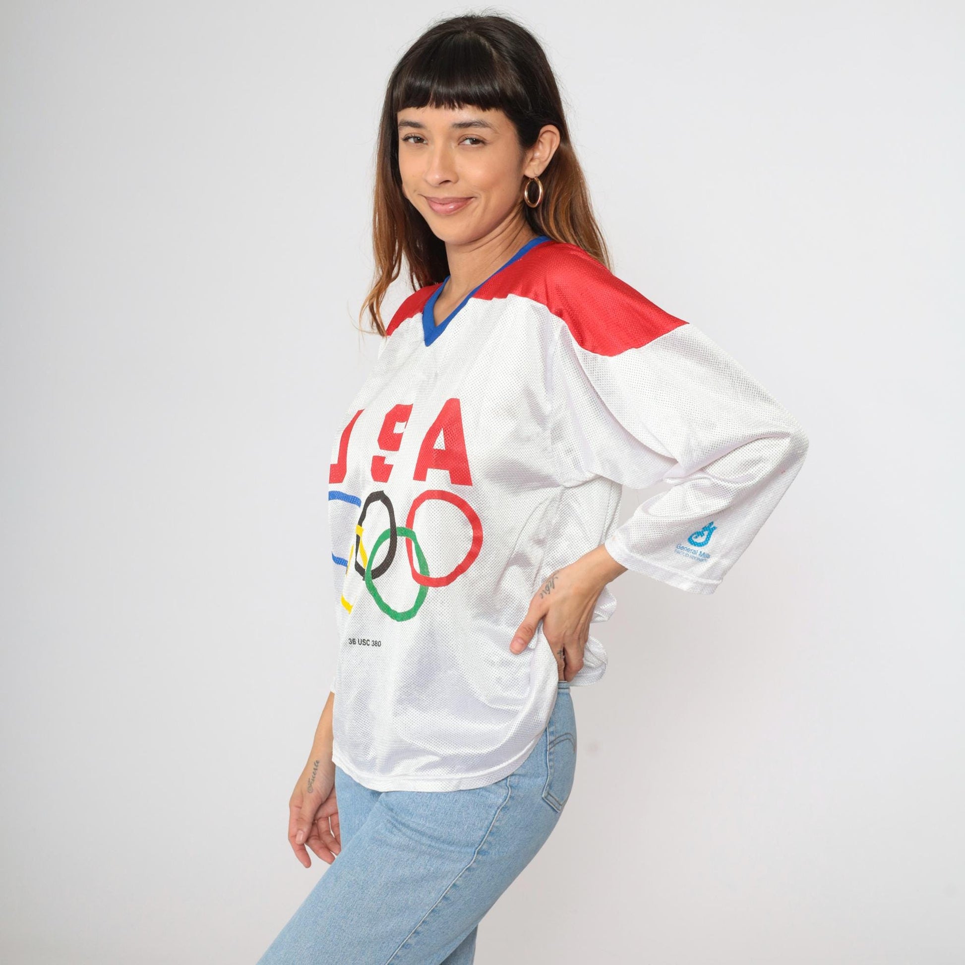 80s USA Mesh Hockey Jersey White Red Blue Block Lettering Medium