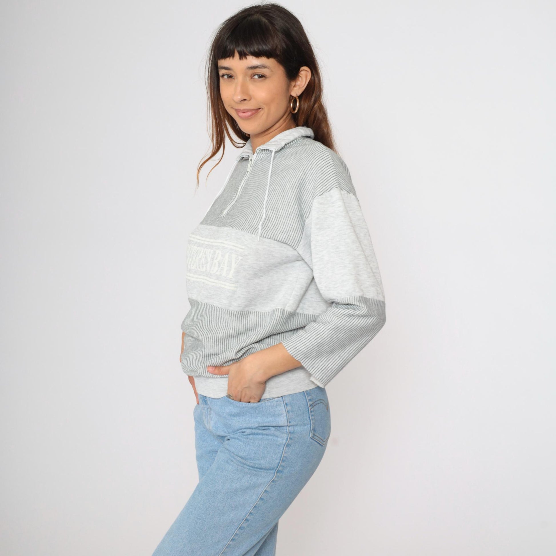 90s Monterey Bay Sweatshirt Grey Striped Quarter Zip Pullover Medium
