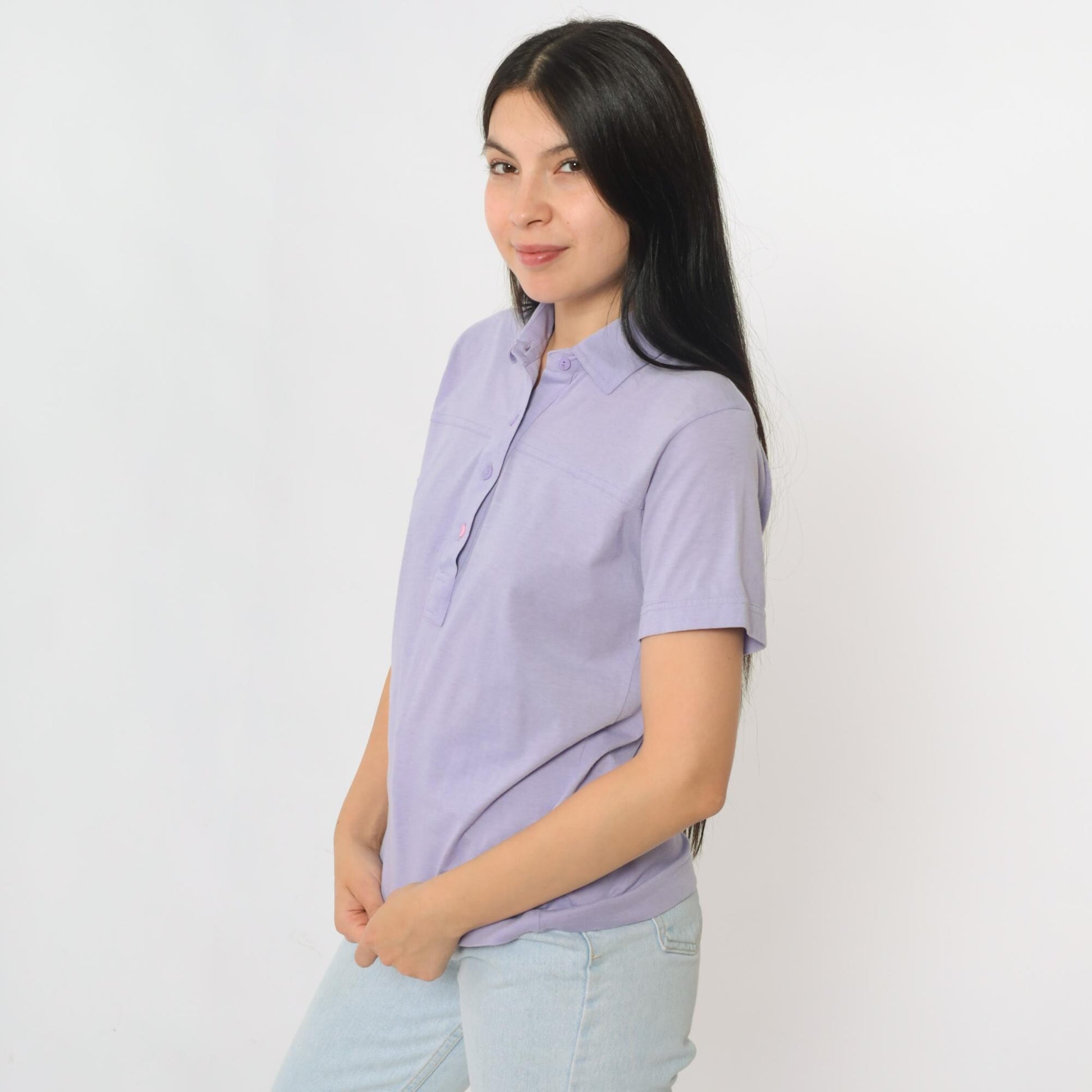 80s Lavender Polo Shirt Leon Levin Button Up Short Sleeve Medium