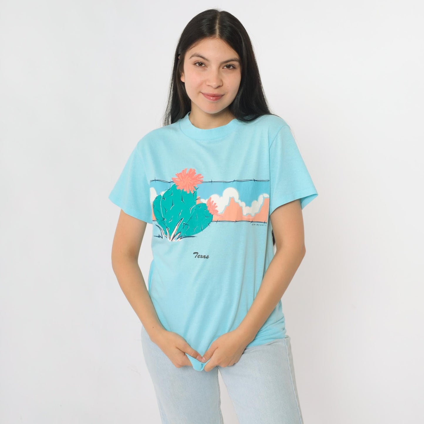 90s Texas Cactus Graphic T-Shirt Blue Single Stitch Crewneck Small