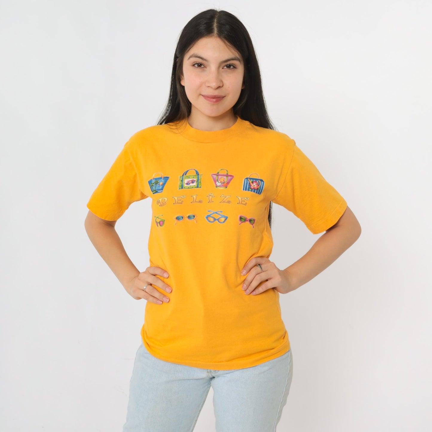 90s Belize Sunglasses Graphic T-Shirt Yellow Cotton Crewneck Extra Small