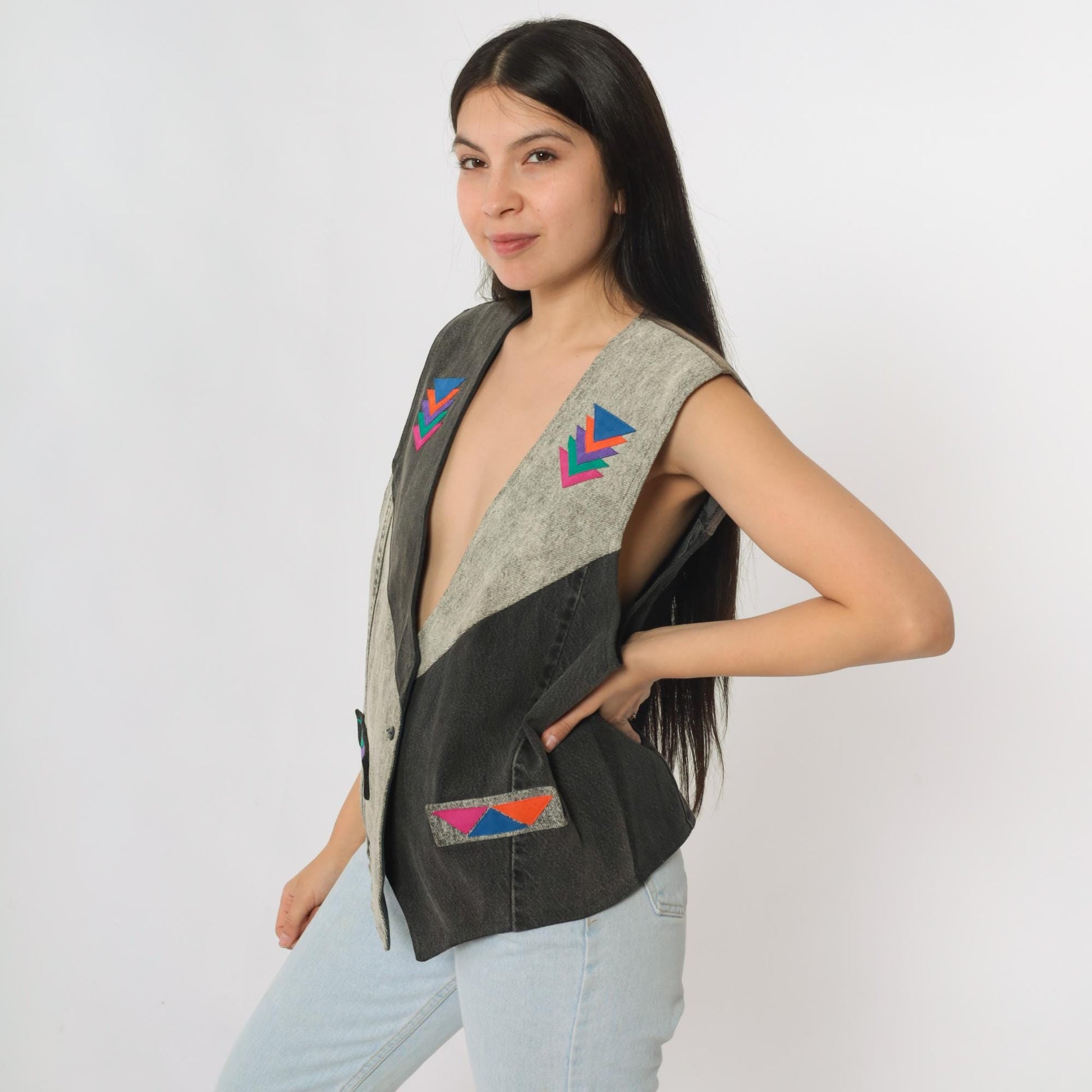 90s Southwestern Denim Vest Acid Wash Grey Black Deep V Neck Medium M