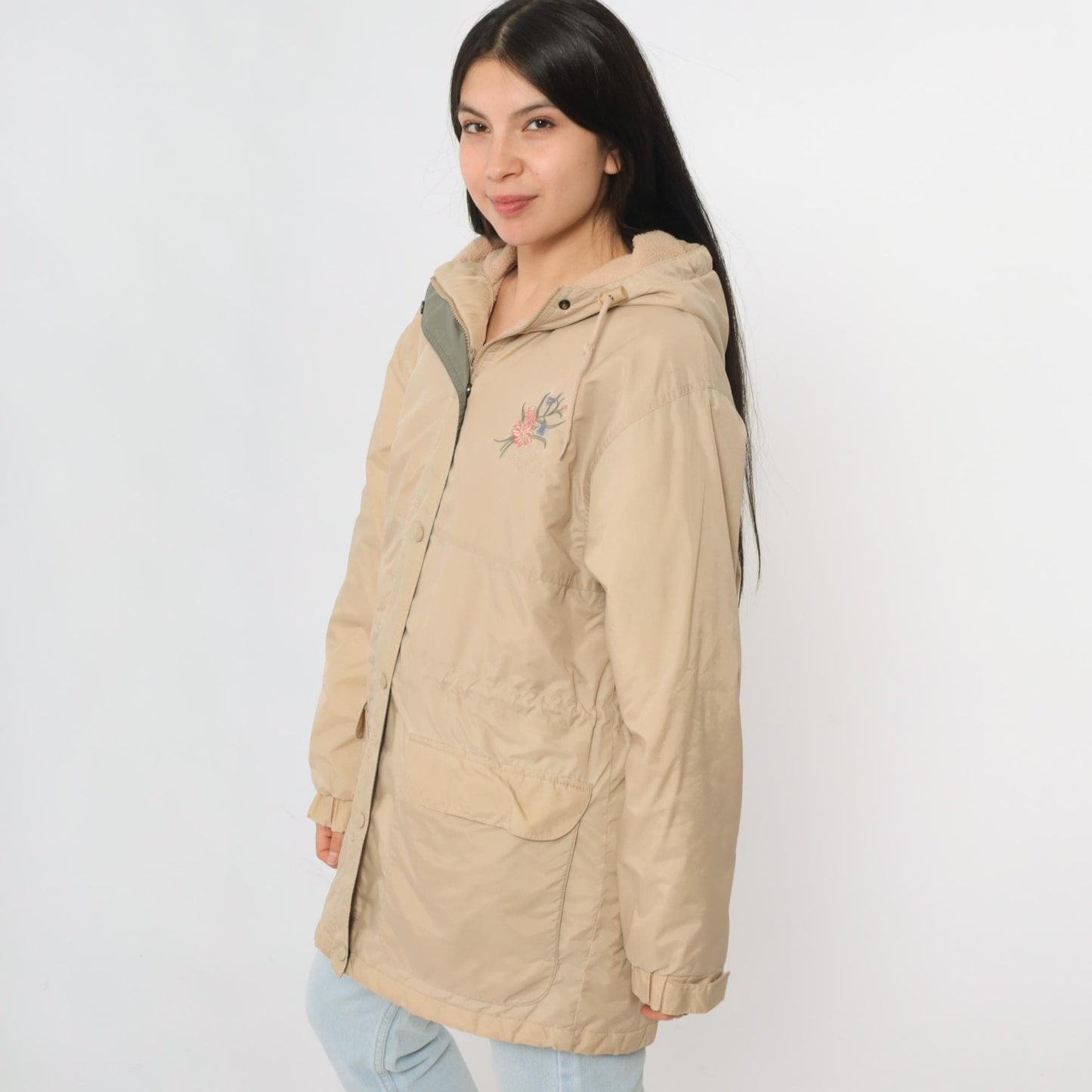 90s Northern Reflections Tan Hooded Windbreaker Floral Embroidered Fleece Lined Small