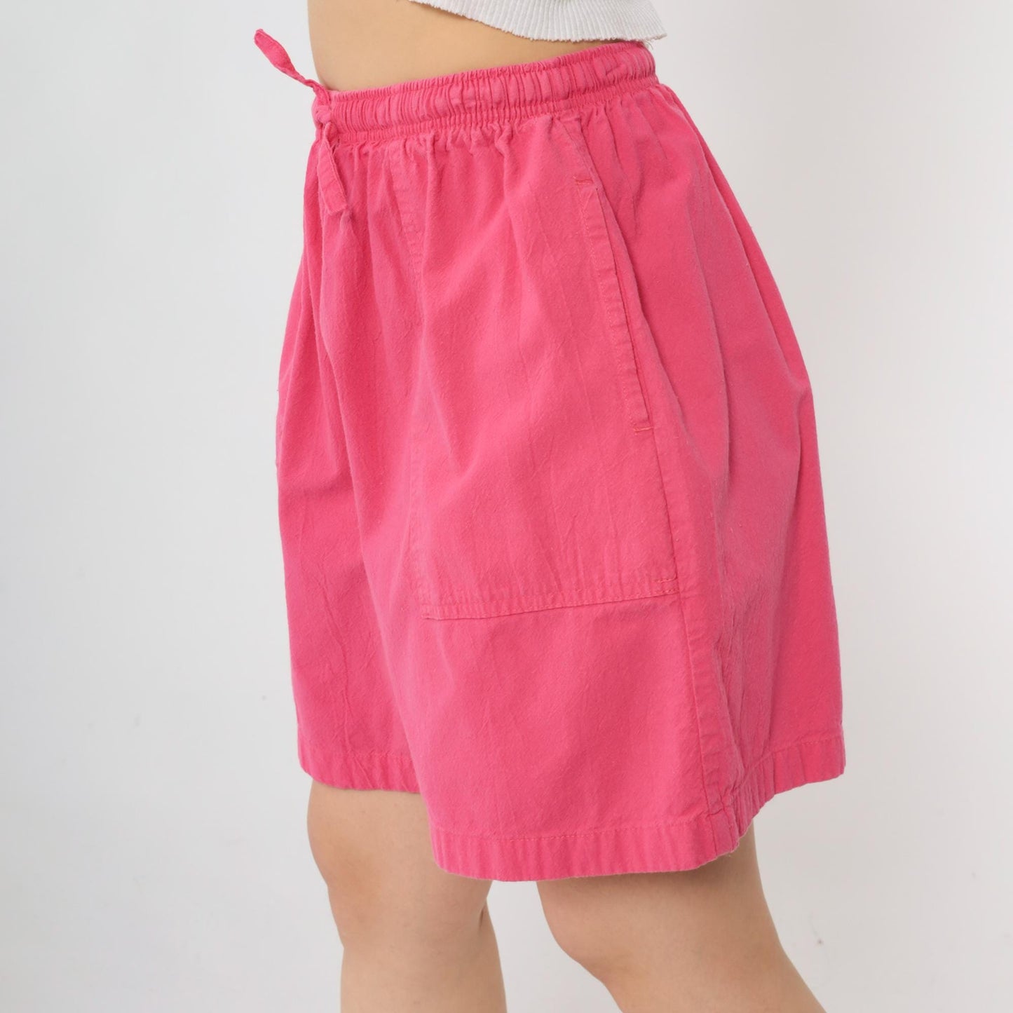 90s Bright Pink Elastic Waist Shorts Cotton High Rise Medium Large