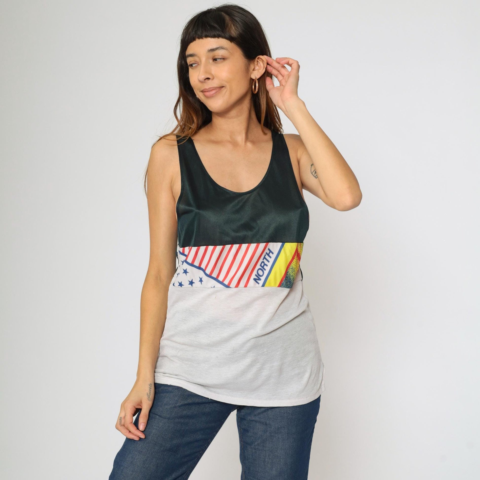 90s Colorblock Mesh Athletic Tank Top Flag Graphic Black White Small S