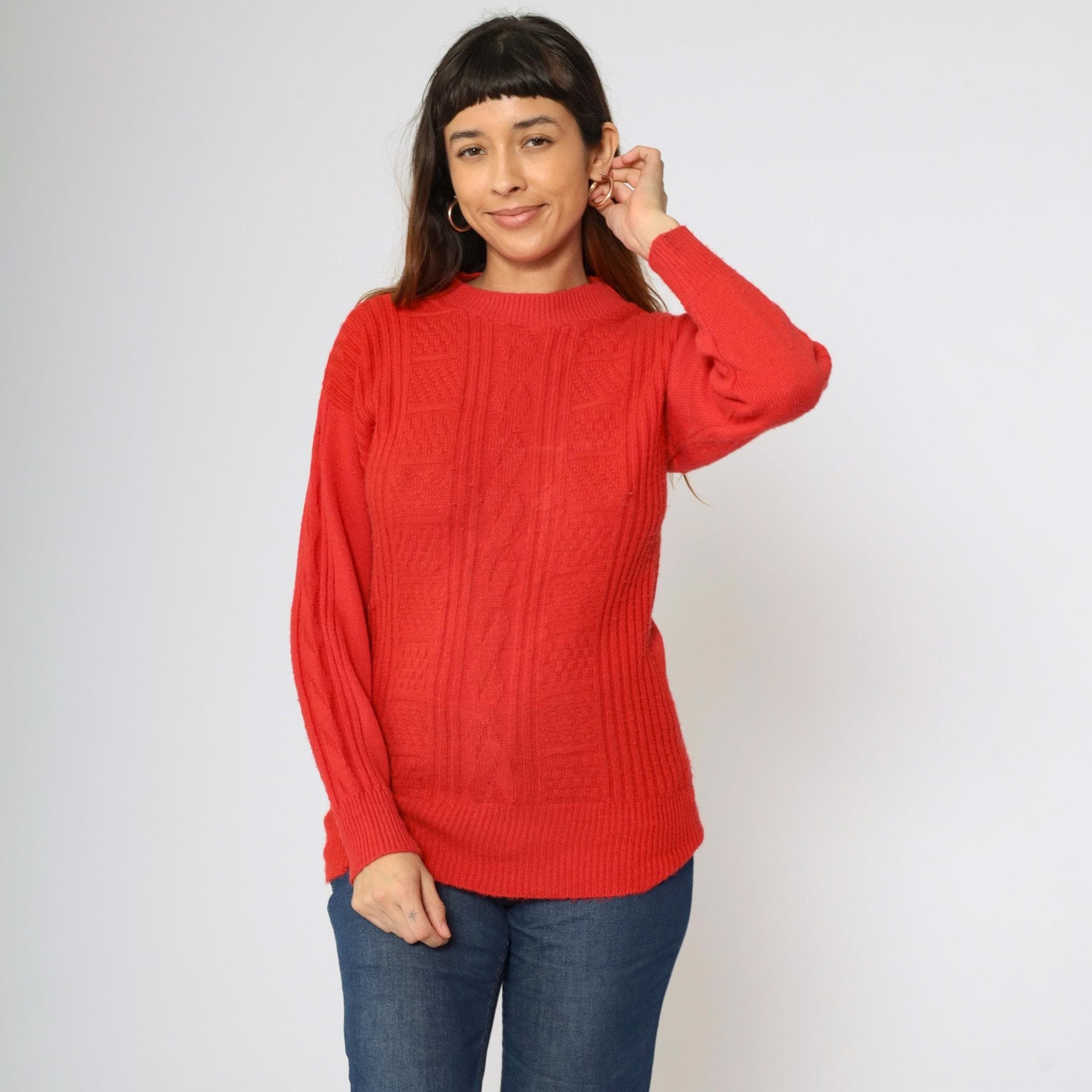 80s Cable Knit Sweater Red Textured Pullover Crewneck Extra Small
