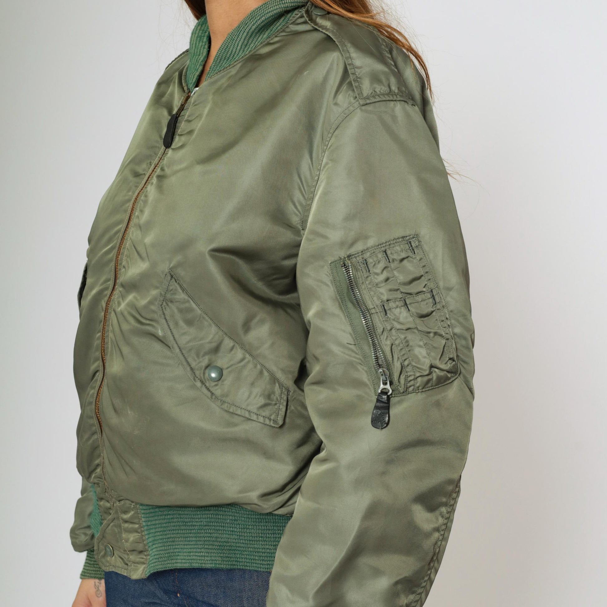 1960s USAF MA-1 Flight Jacket Alpha Industries Sage Green Orange Lined Large