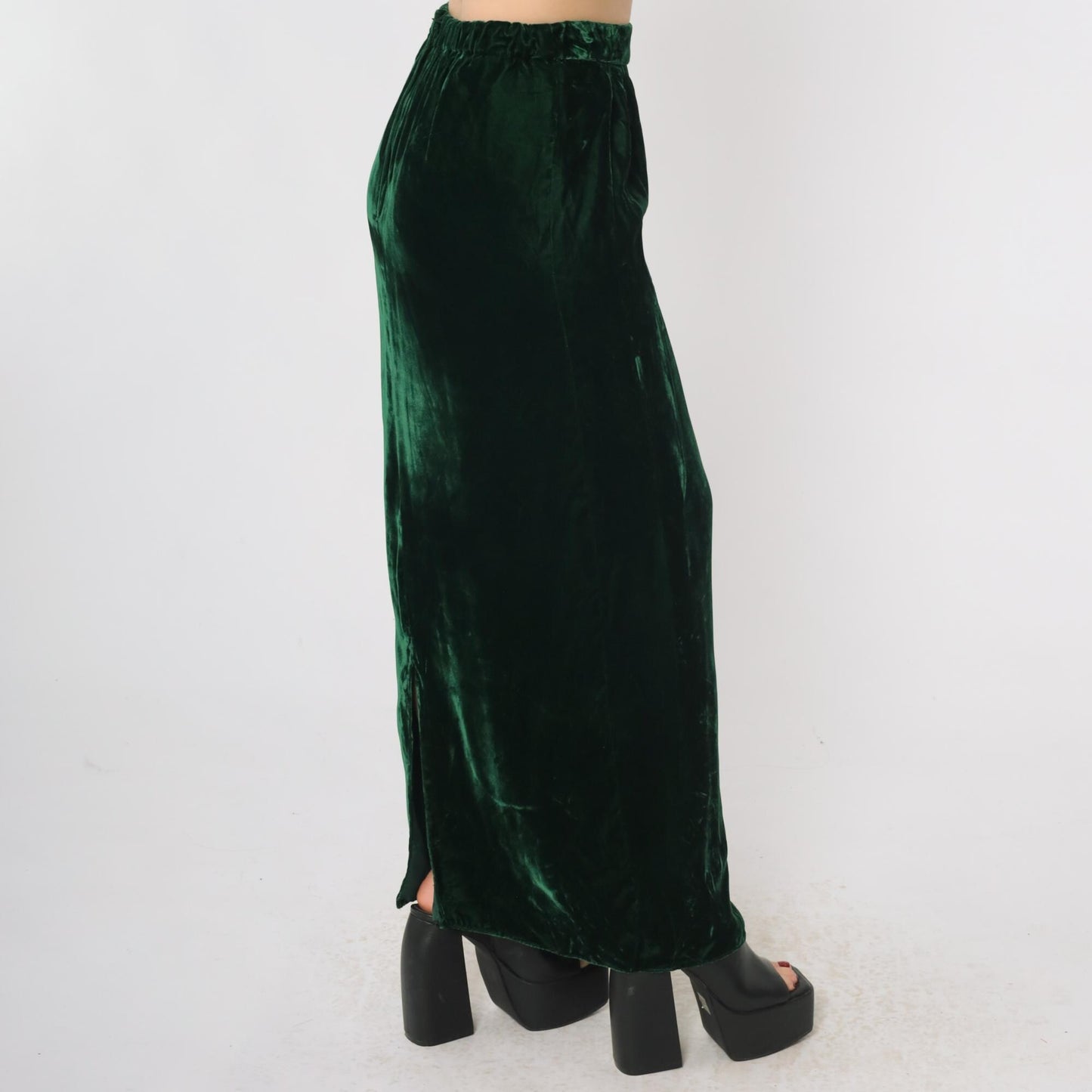 80s Green Velvet Maxi Skirt High Waist Ankle Length Small S