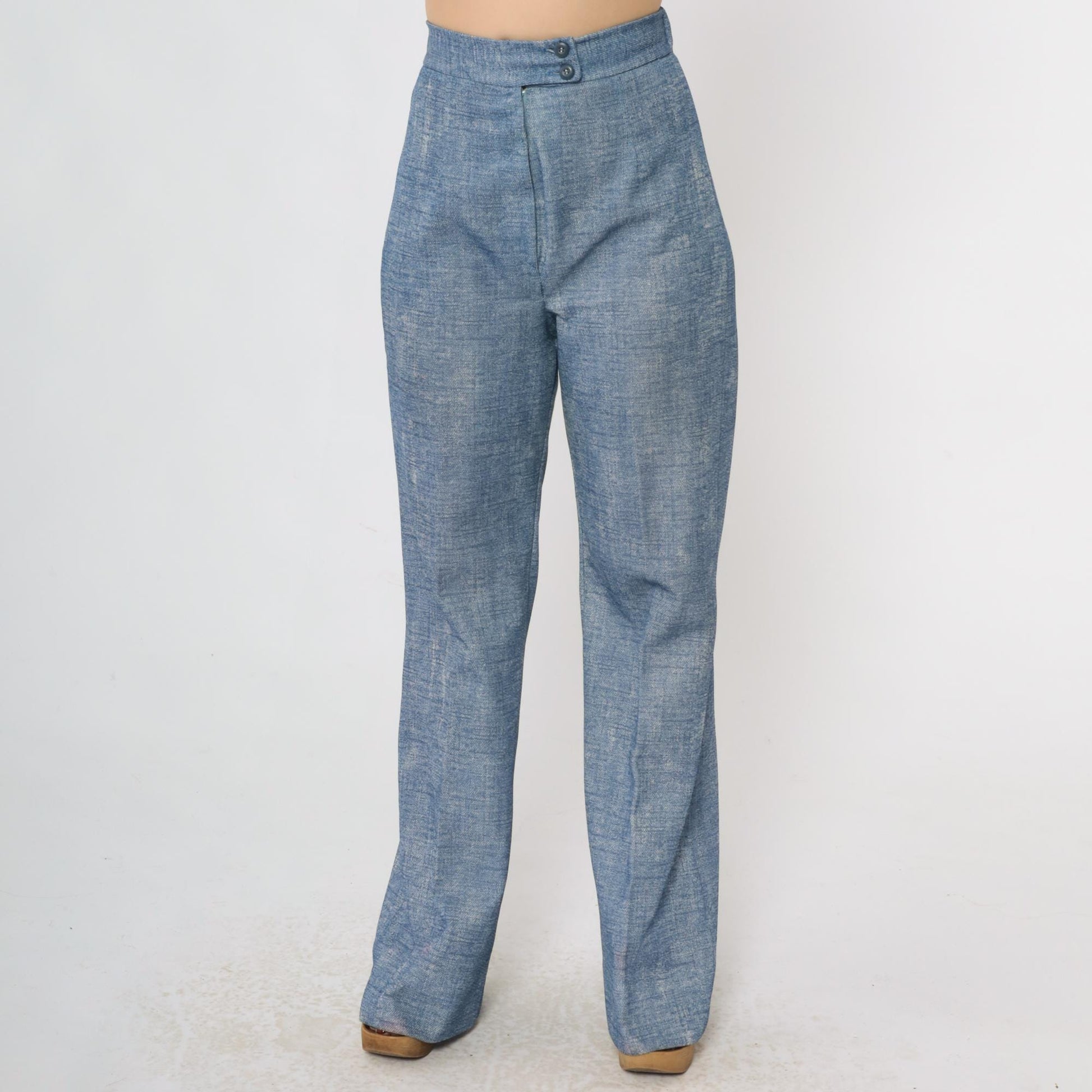 70s Blue Faux Denim Bell Bottom Trousers High Rise Elastic Waist Small