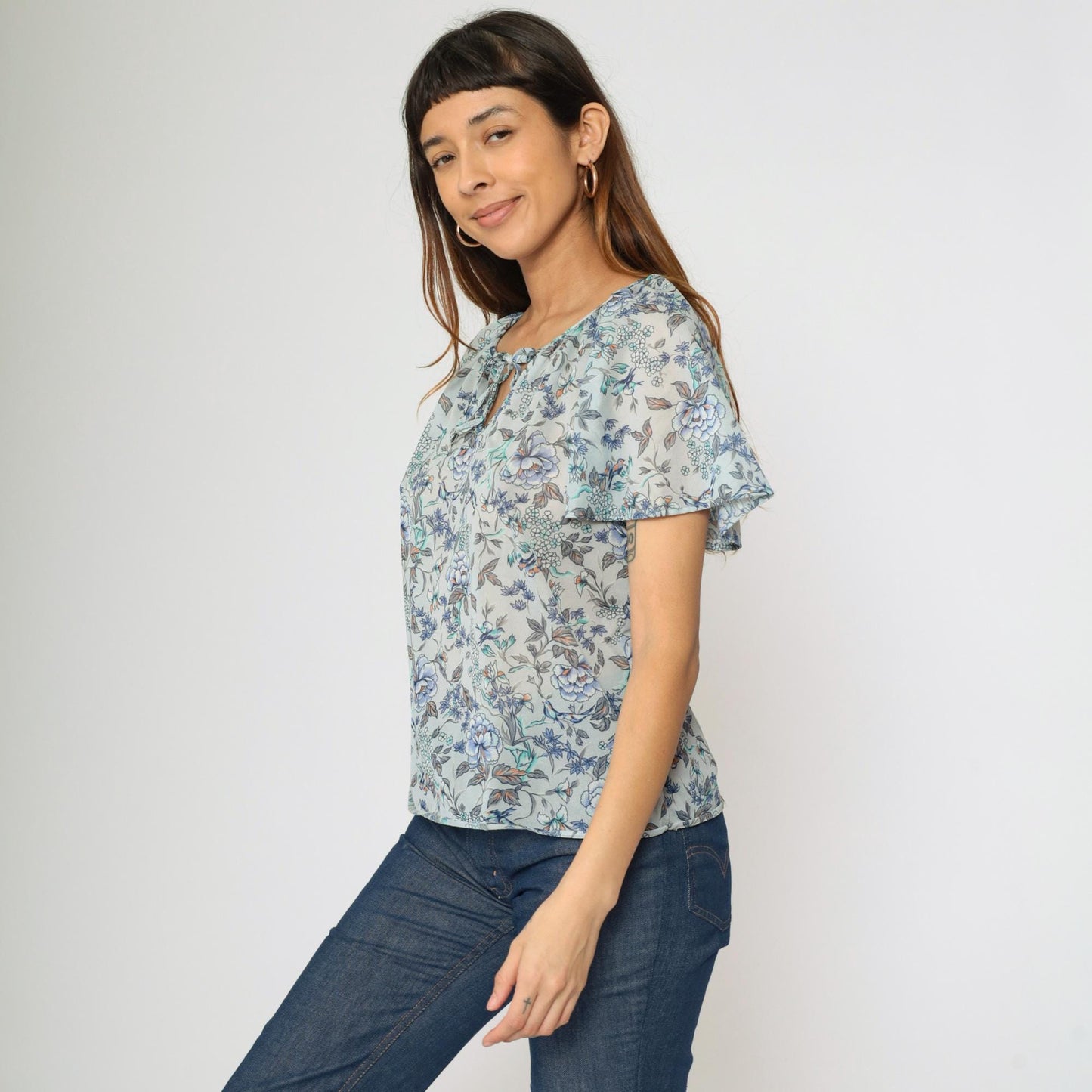 70s Teddi of California Floral Blouse Blue Keyhole Tie Neck Flutter Sleeve Small