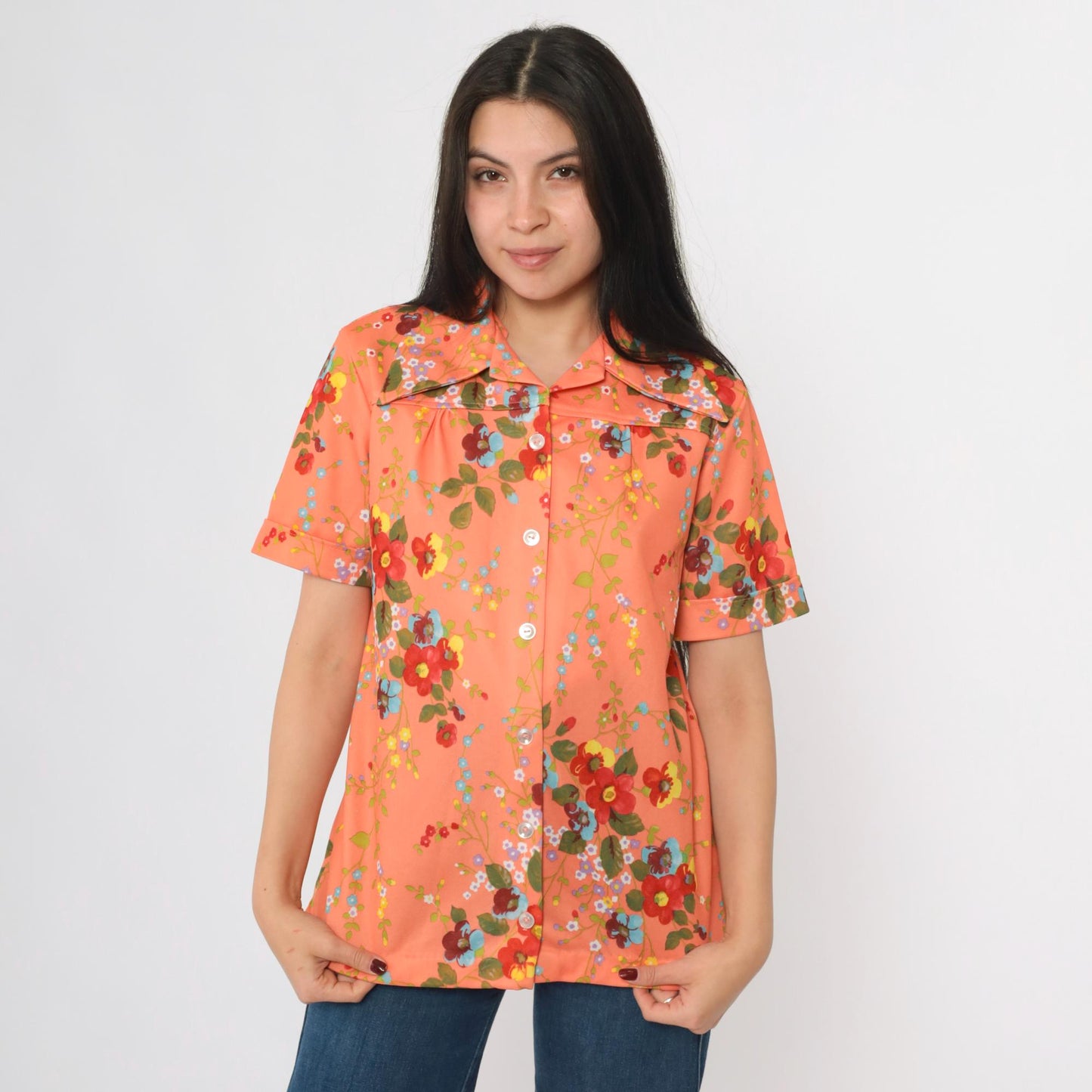 70s Smartique Floral Button-Up Blouse Orange Dagger Collar Short Sleeve Medium