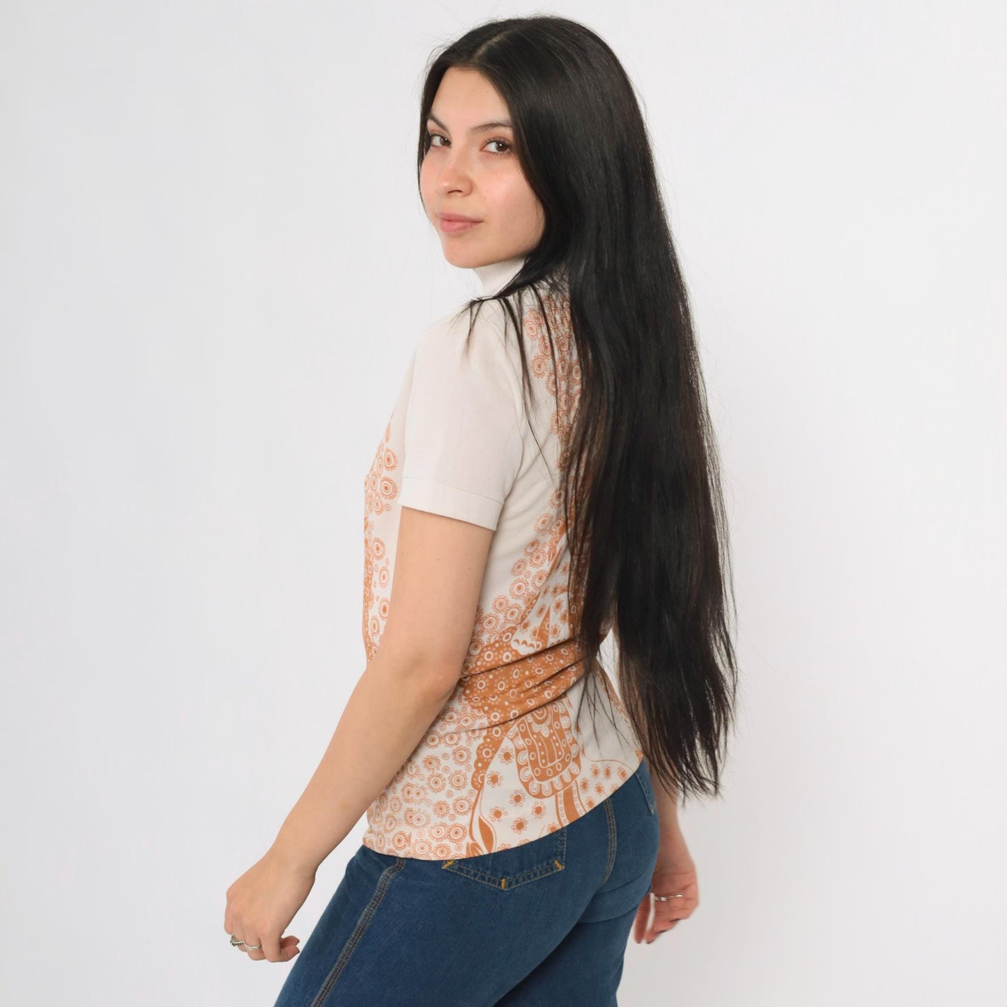 70s Elephant Mandarin Collar Shirt Beige Burnt Orange Print XS