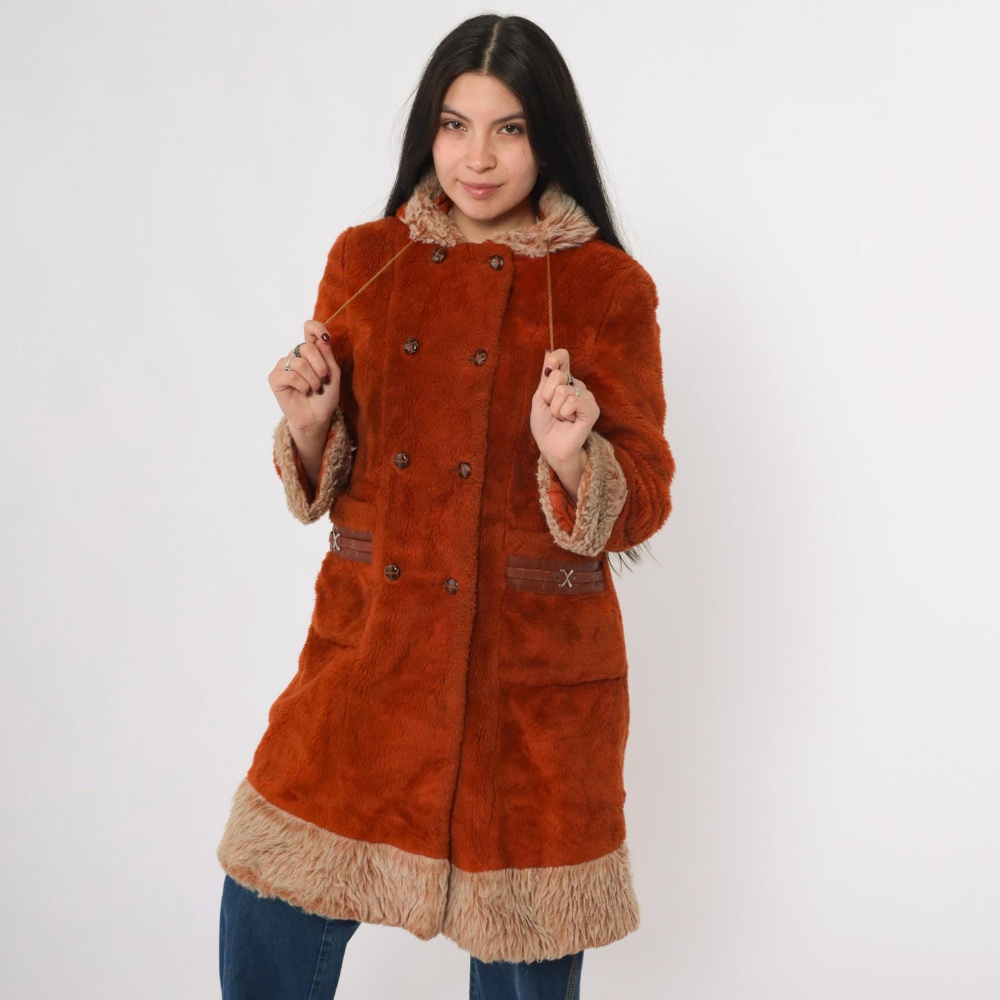 70s Burnt Orange Faux Fur Hooded Jacket Double Breasted Extra Small