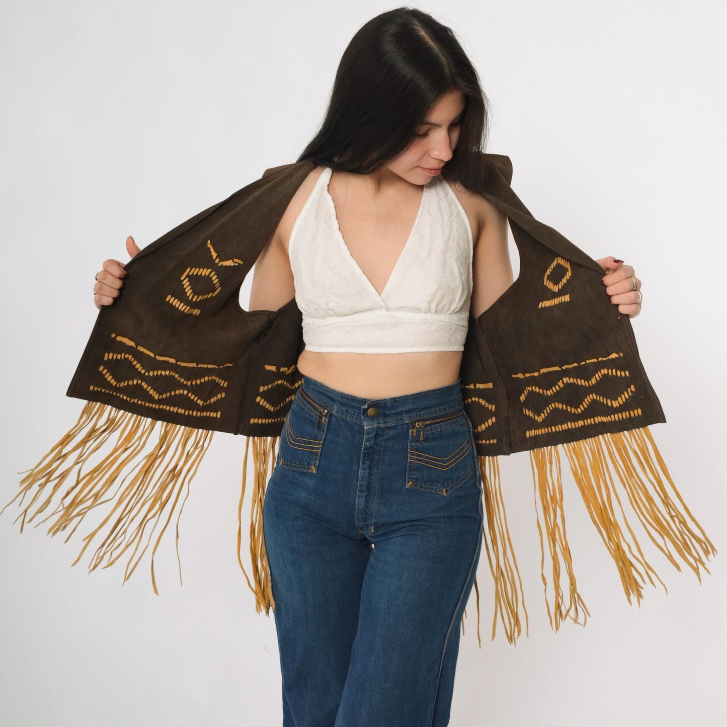 70s Brown Suede Fringe Vest Open Front Tie Sleeveless Medium M