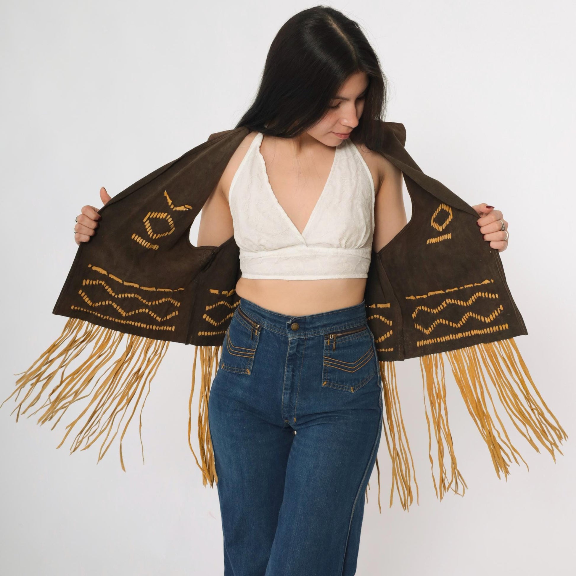 70s Brown Suede Fringe Vest Open Front Tie Sleeveless Medium M