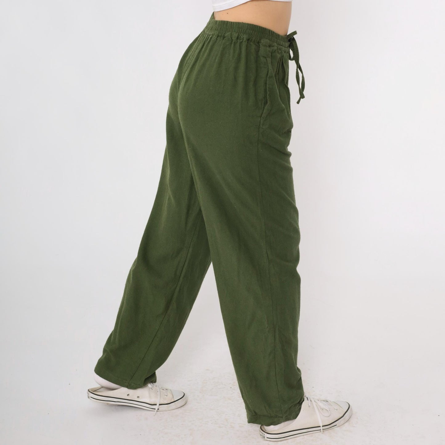 90s Selene Sport Olive Silk Tapered Pants Drawstring Elastic Waist Small S