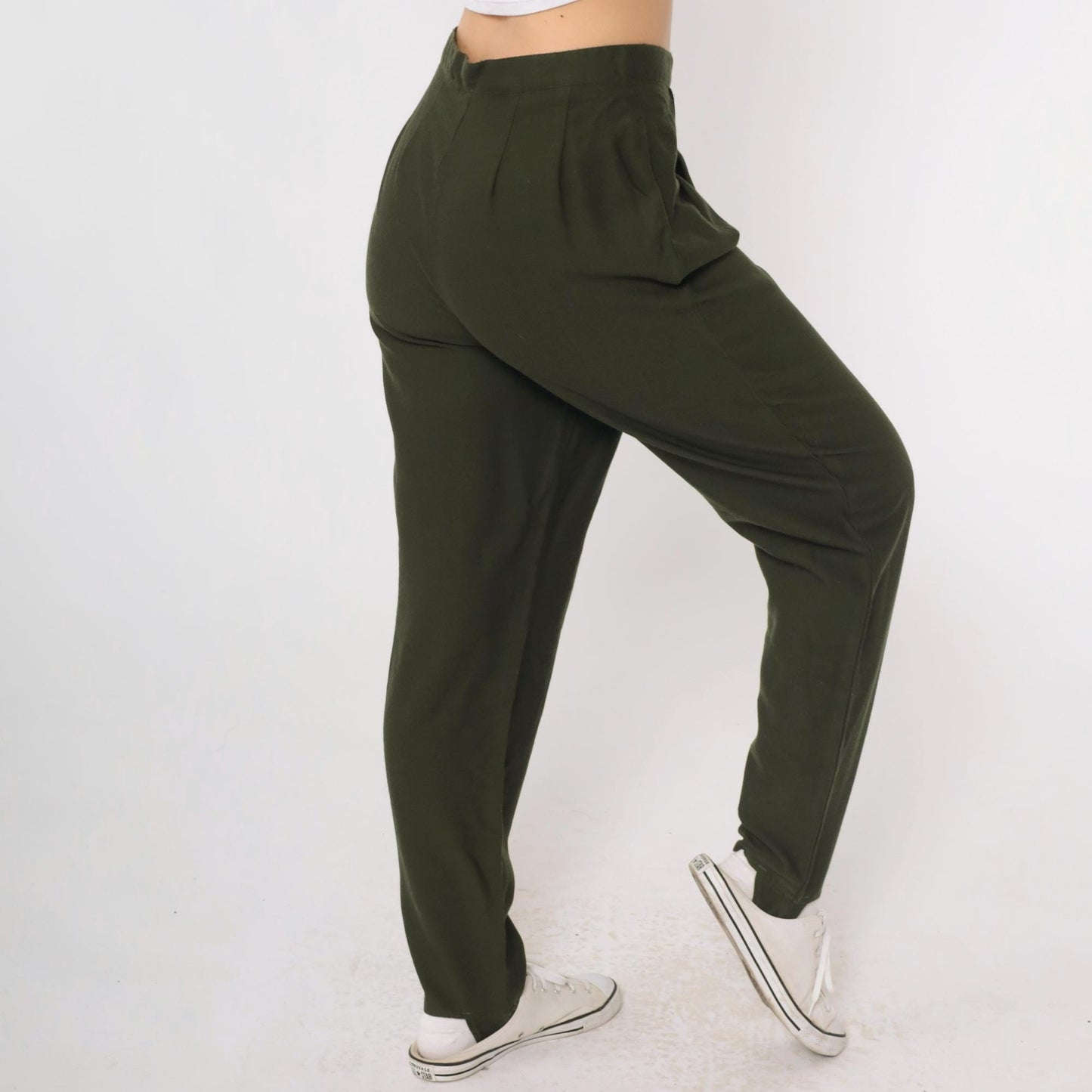 Y2K Lands End Wool Stirrup Trousers Olive Green Pleated High Waist Small 6