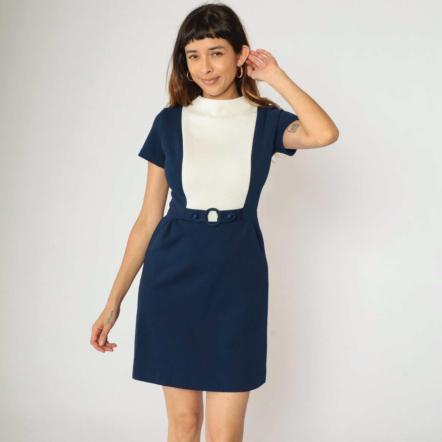 60s Mod Colorblock Mini Dress Navy White Bib Mock Neck Small