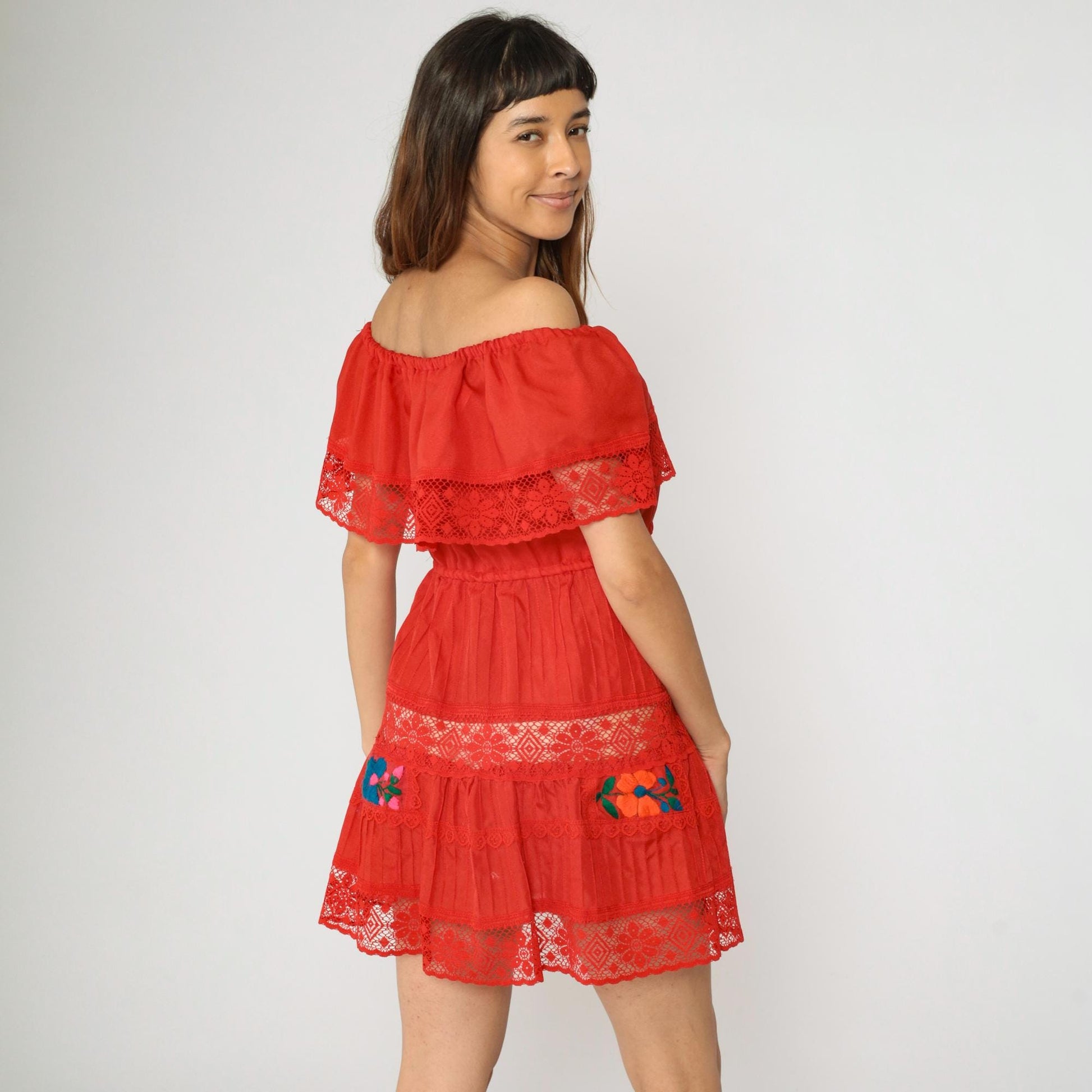 90s Mexican Peasant Dress Red Floral Embroidered Mini Off-Shoulder Small