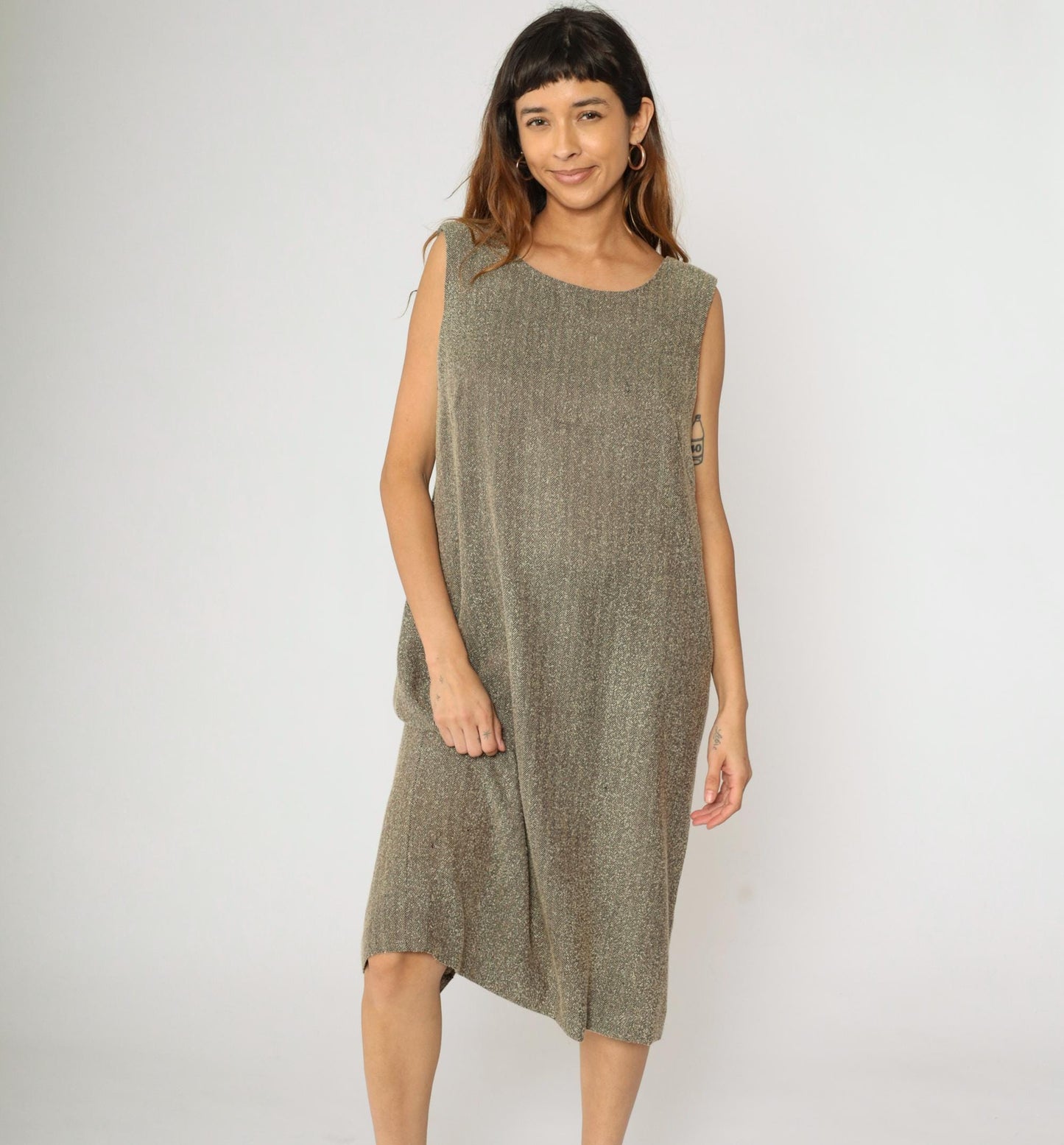 Y2K Leslie Fay Brown Herringbone Midi Dress Sleeveless Sheath Plus Size 14W