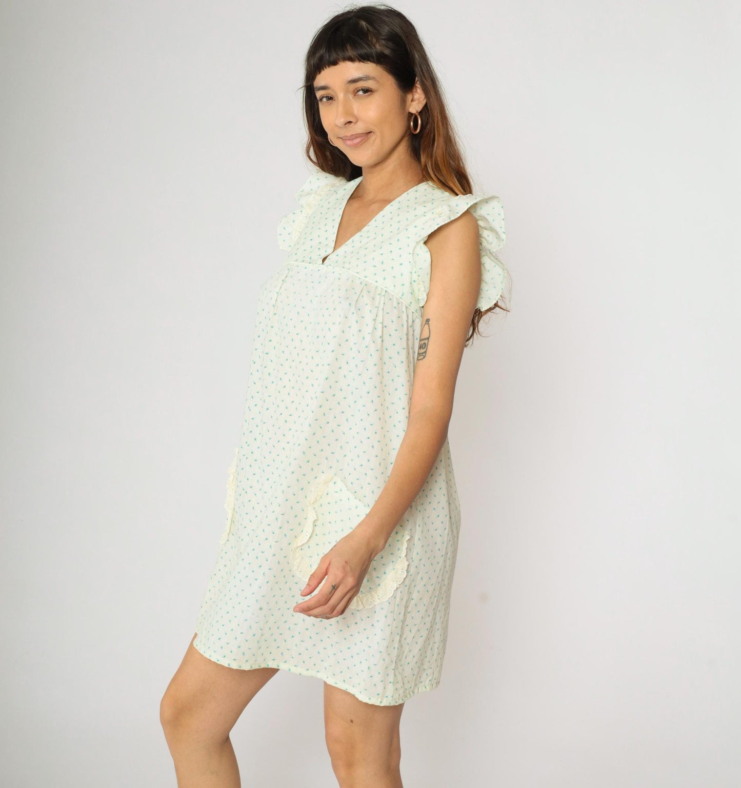 70s Hawaiian Babydoll Dress Yellow Blue Floral Mini V Neck Ruffle Sleeve Small