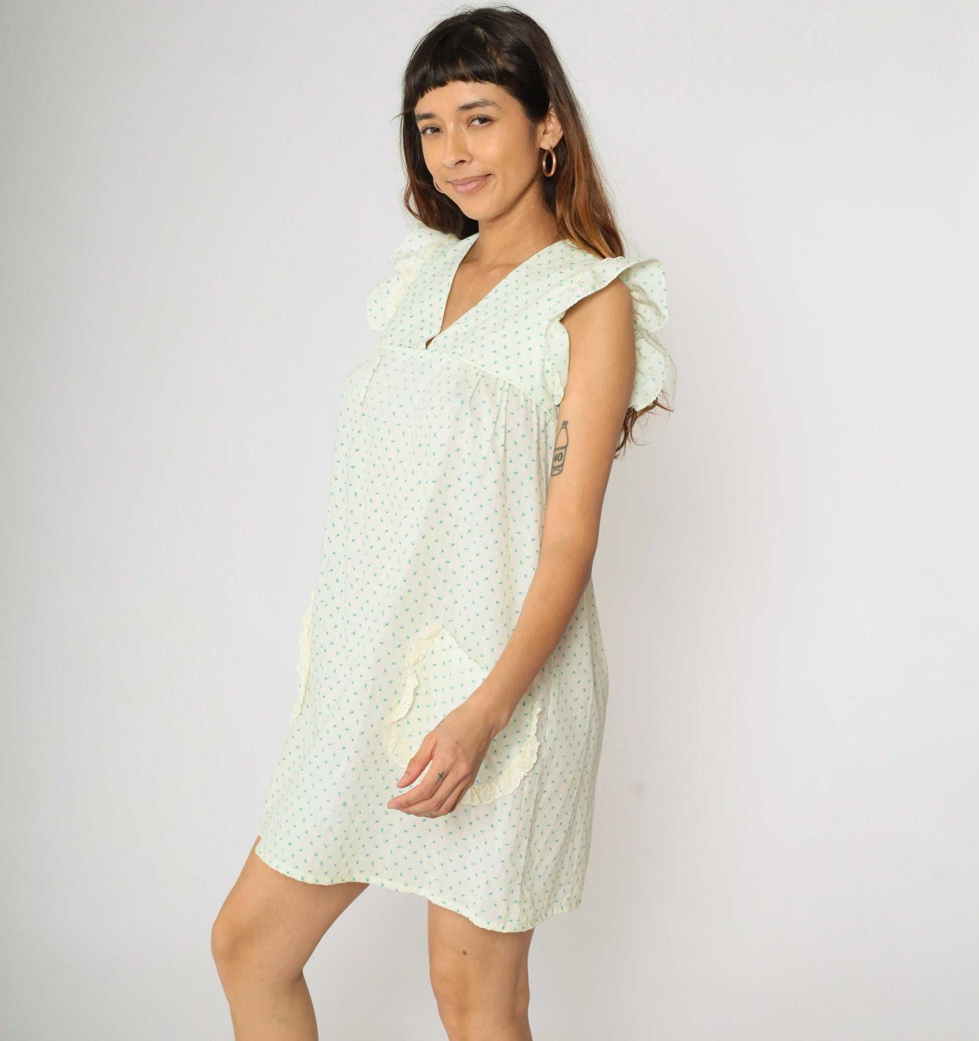 70s Hawaiian Babydoll Dress Yellow Blue Floral Mini V Neck Ruffle Sleeve Small