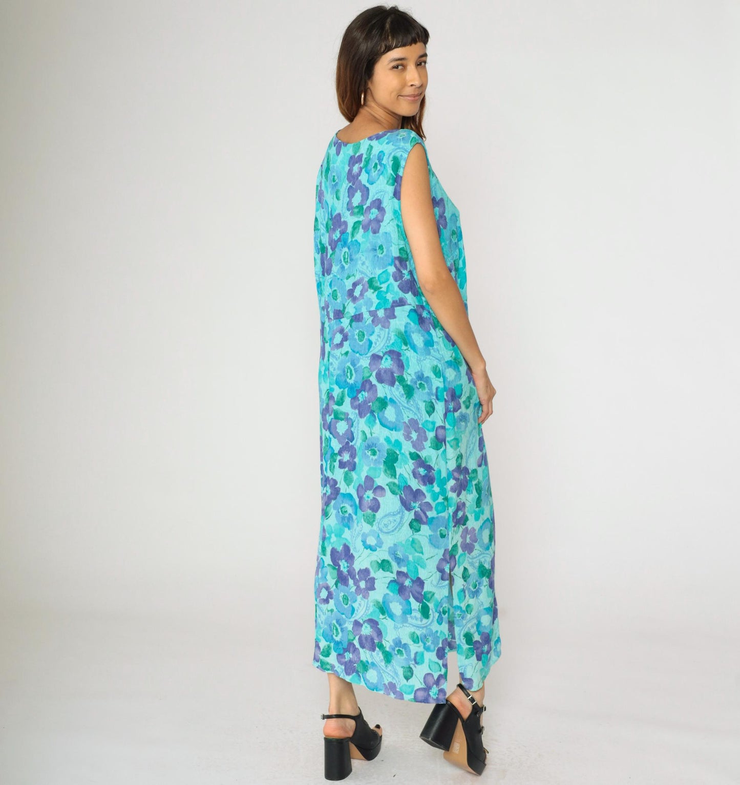 90s Aqua Watercolor Floral Paisley Maxi Dress Sleeveless Rayon Plus Size XXL