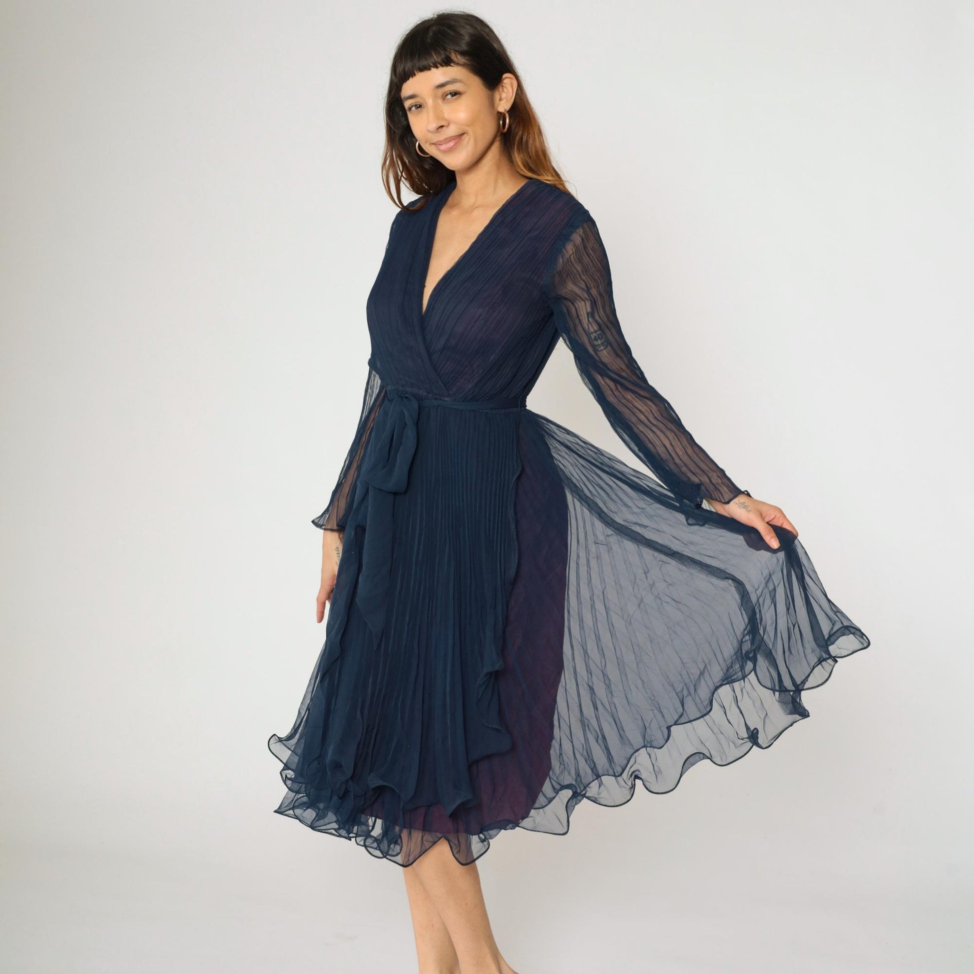 70s Navy Chiffon Midi Dress Pleated V-Neck Sheer Sleeves High Waist Small