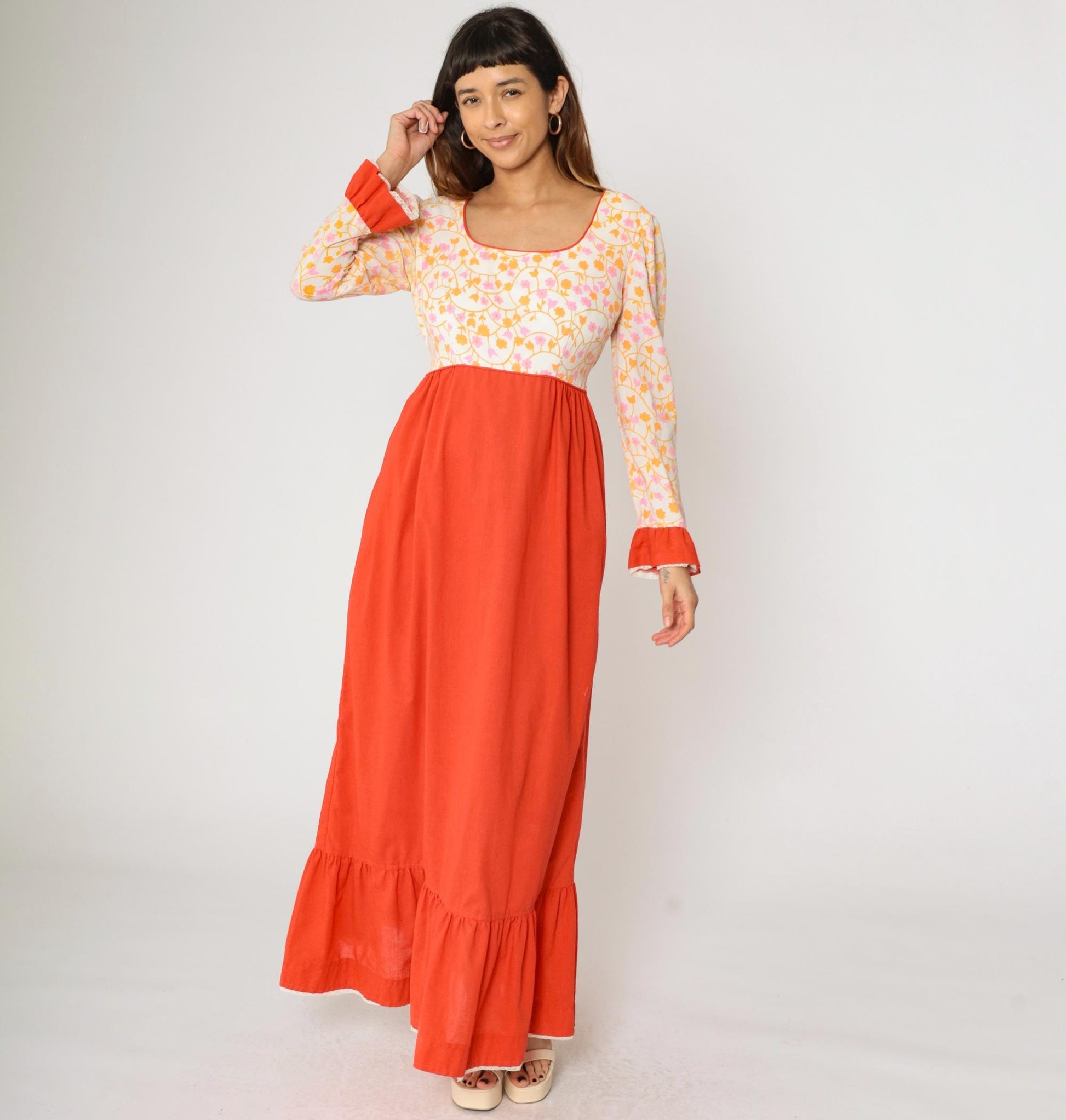 70s Floral Maxi Dress Puff Sleeve High Waist Orange White Prairie Medium
