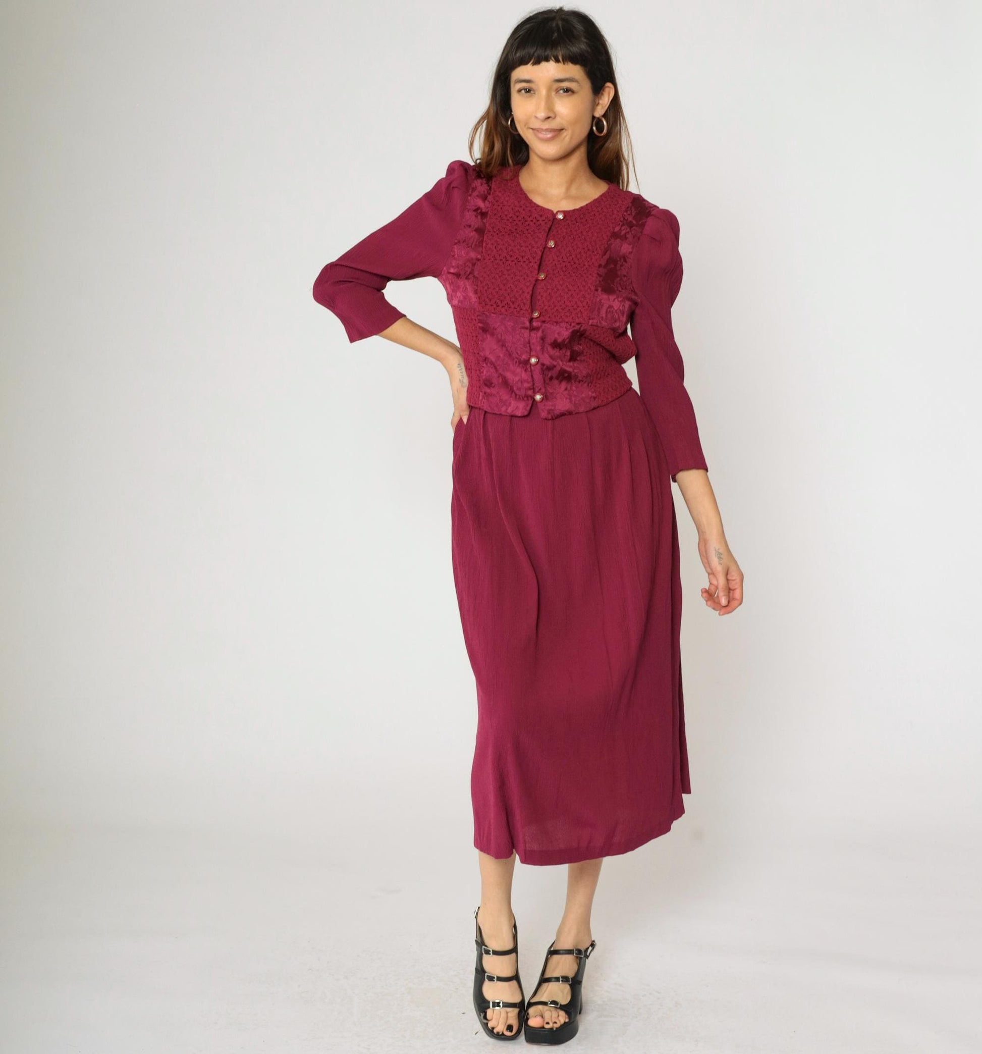 90s Miss Dorby Raspberry Floral Jacquard Midi Dress Puff Sleeve Button Up Medium