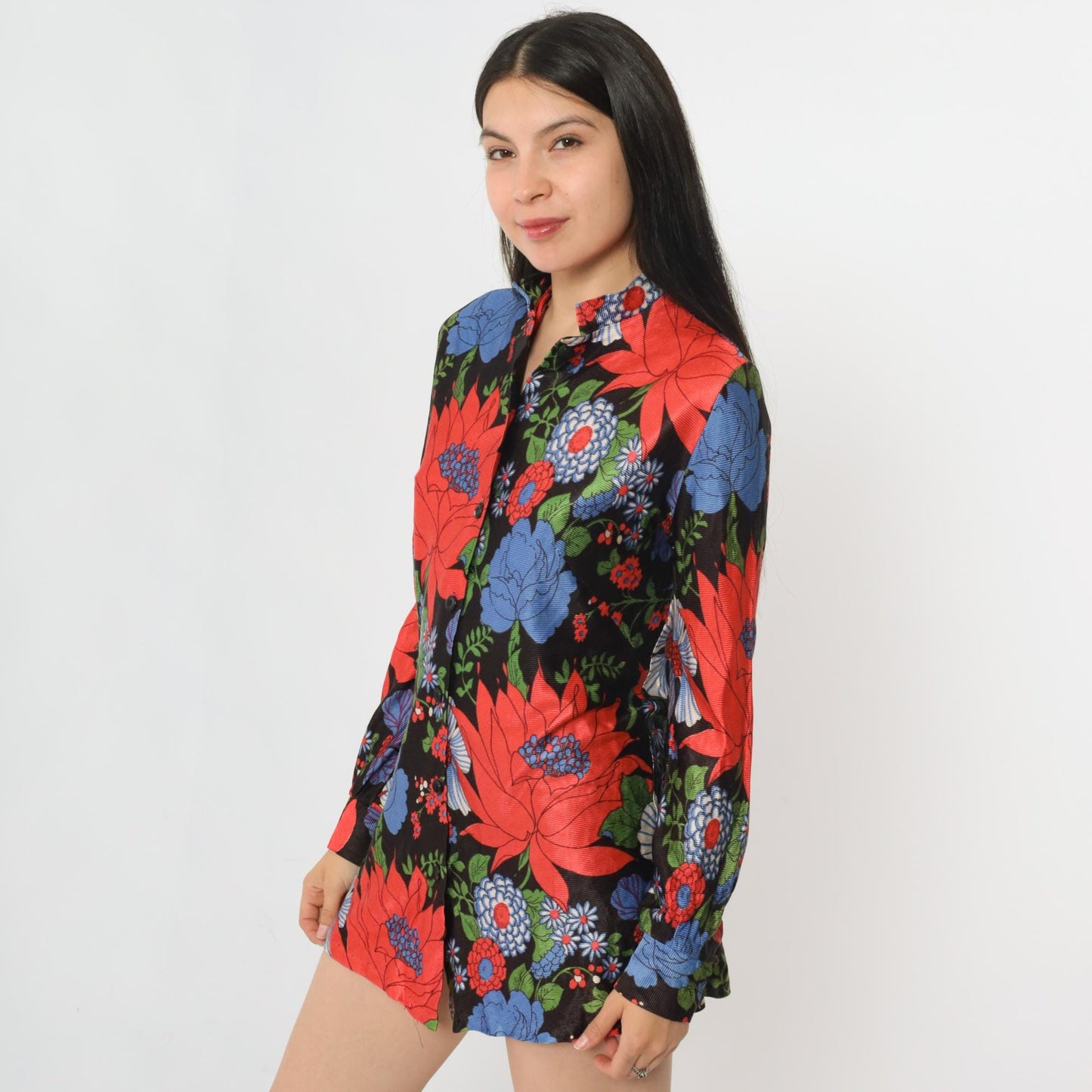 70s Dutchmaid Floral Mandarin Collar Blouse Red Blue Tunic Small