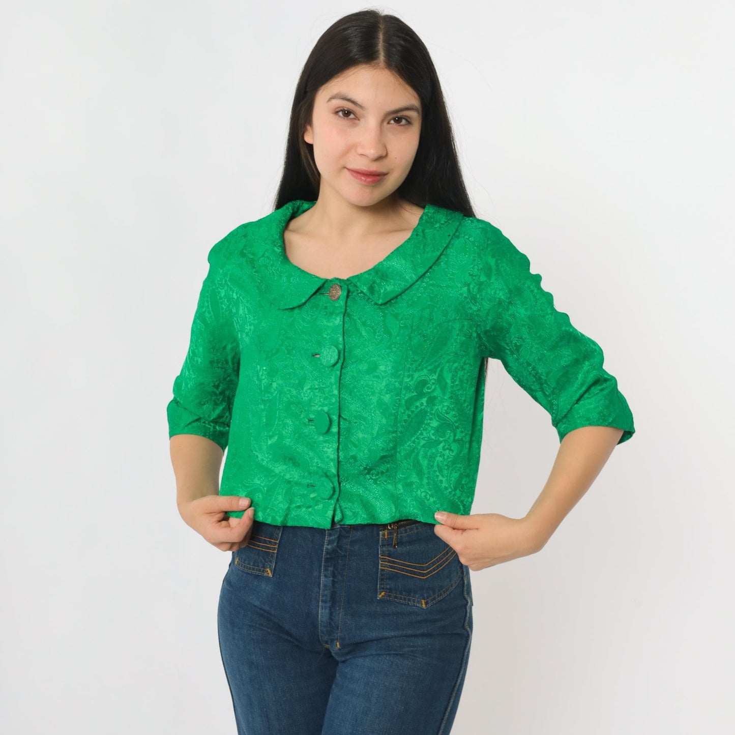 60s Green Brocade Paisley Cropped Jacket Half Sleeve Button Up Small