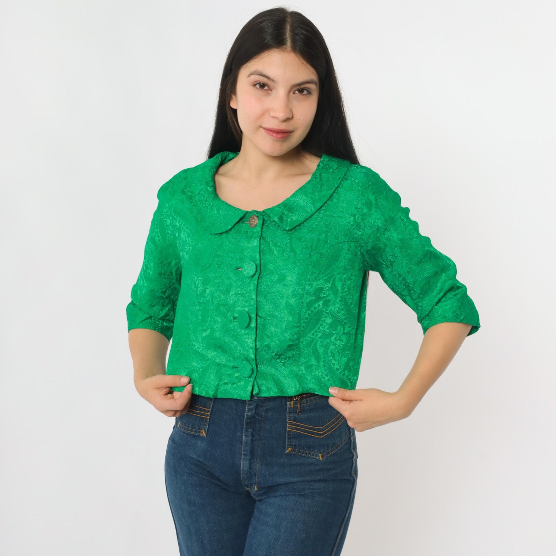 60s Green Brocade Paisley Cropped Jacket Half Sleeve Button Up Small