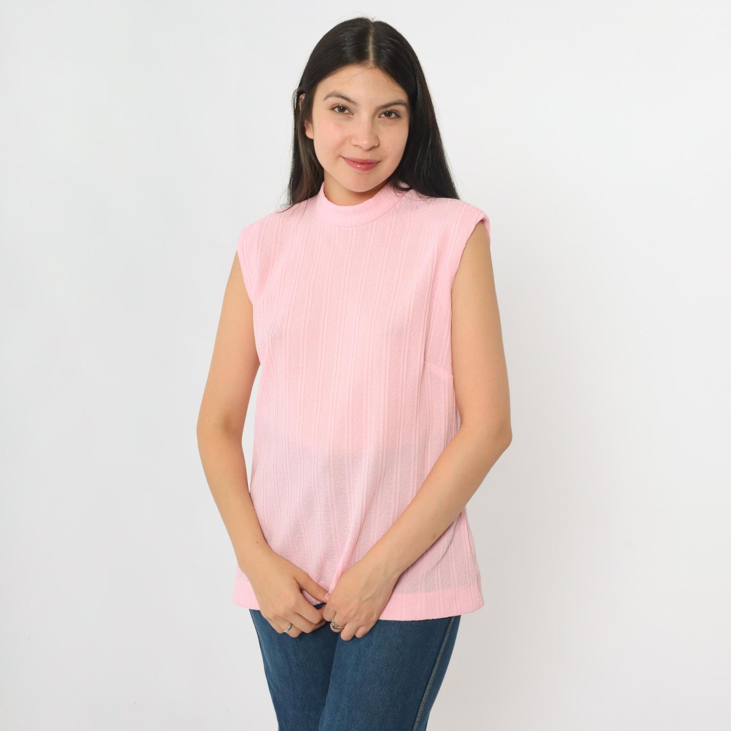 70s Pink Mock Neck Tank Top Ribbed Sleeveless Blouse Large